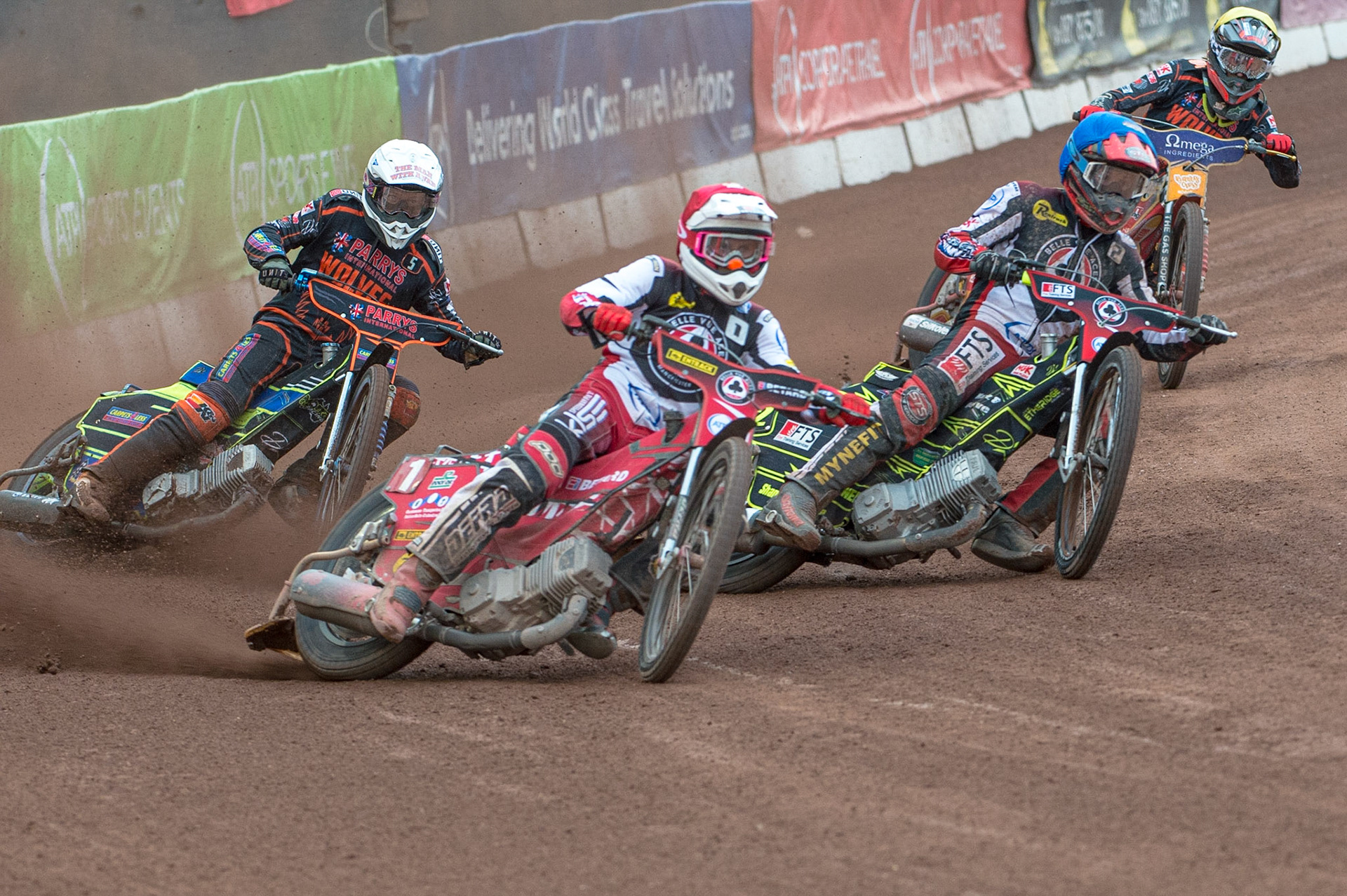 MANCHESTER, UK. JUN 13TH Max Fricke  (Red) and Jye Etheridge  (Blue) lead Nick Morris  (White) and Drew Kemp  (Yellow) during the SGB Premiership match between Belle Vue Aces and Wolverhampton  Wolves at the National Speedway Stadium, Manchester on Monday 13th June 2022. (Credit: Ian Charles | MI News)
