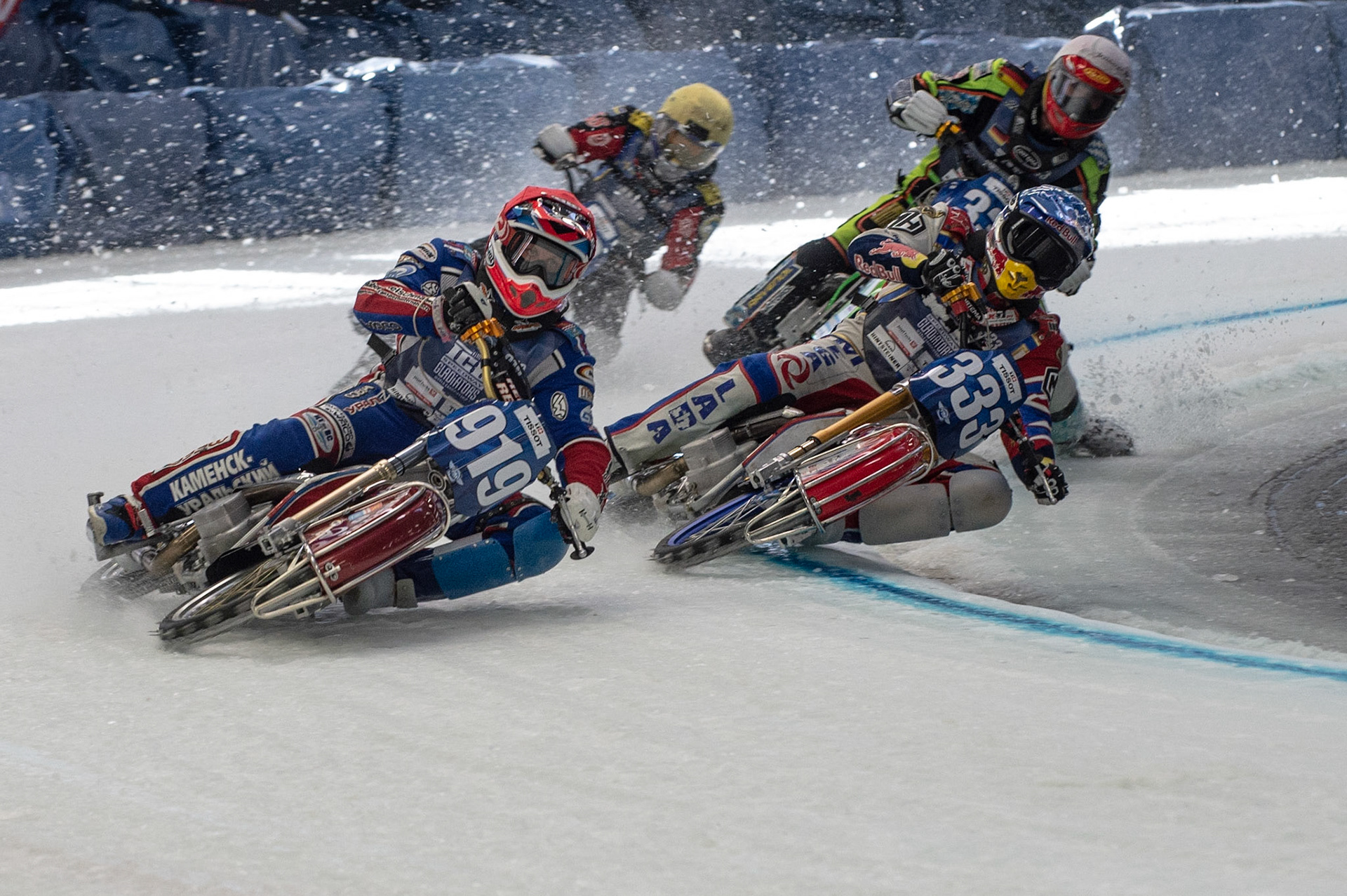 Photo: Ian Charles
 
Semi Final 2 with Dmitri Khomitsevich (919) leading Danil Ivanov (333) as Johann Weber (33) goes inside the blue line earning a disqualification, with Stefan Svensson (58) on his outside 

FIM Ice Speedway Gladiators World Championship, Event 4.2, Max-Aicher-Arena, Inzell, Germany, Sunday 17 March 2019