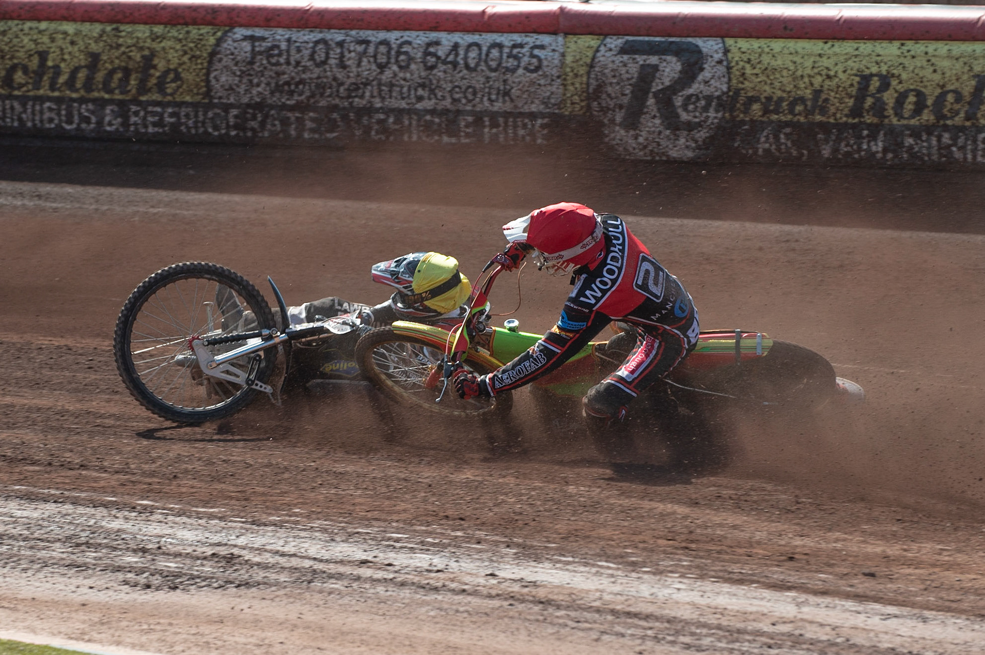 Photo: Ian Charles

Ben Woodhull (Red) brings down Joe Alcock (Yellow)

Belle Vue Colts v Stoke Potters, National League, Belle Vue National Speedway Stadium, Manchester, Friday 19  April  2019