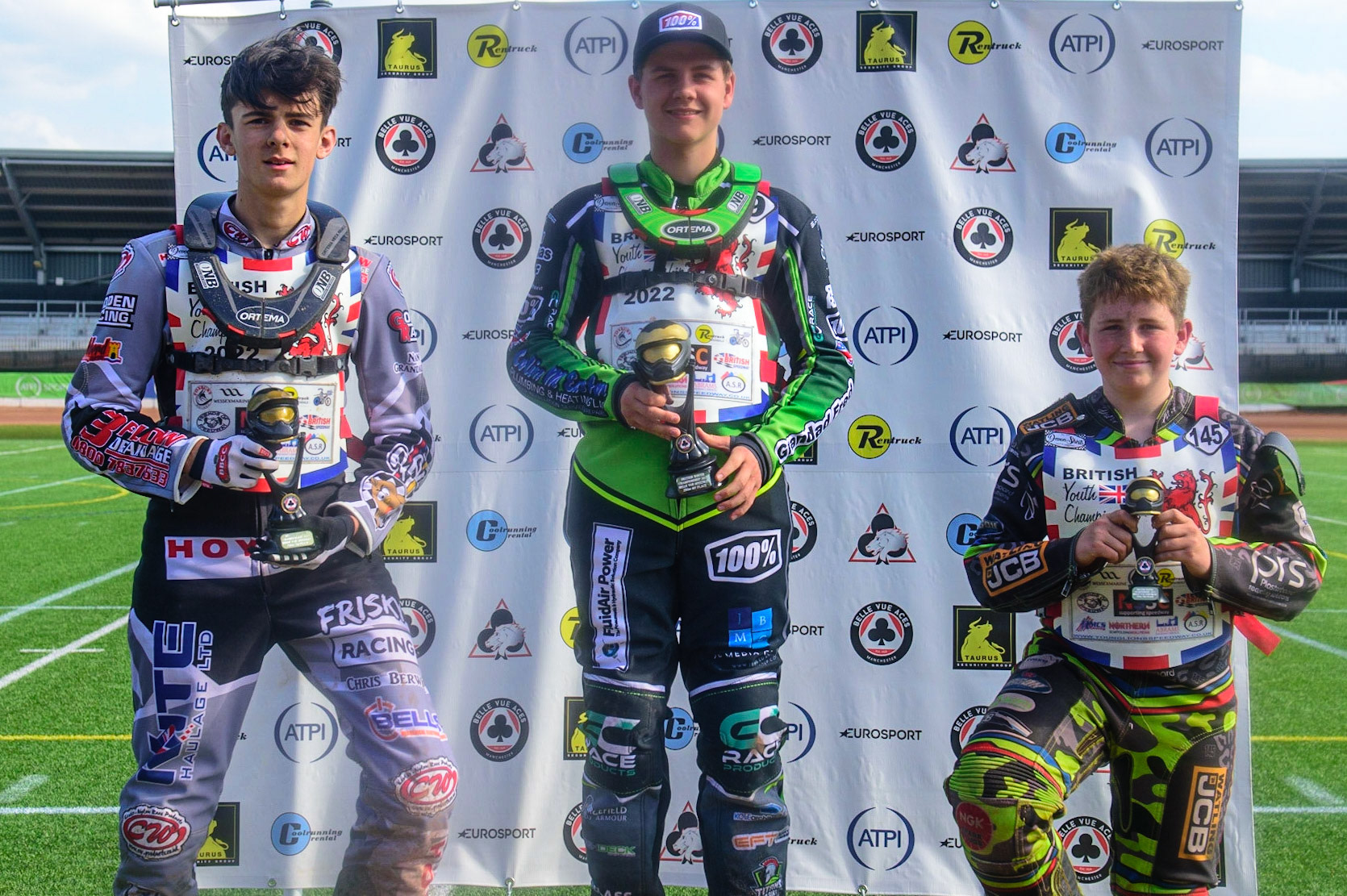 MANCHESTER, UK. JUN 3RD 250cc Top 3: (l - r) Sonny Springer (86) (2nd), Luke Harrison (9) (Winner), William Cairns (145) (3rd) during the British Youth Speedway Championship (Round 4)  at the National Speedway Stadium, Manchester on Friday 3rd June 2022. (Credit: Ian Charles | MI News)