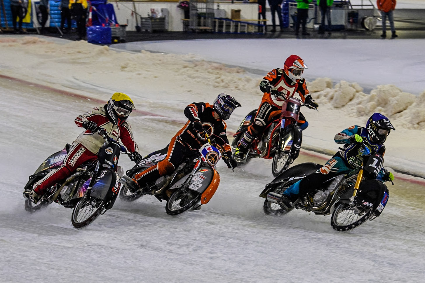 Last Chance Race: Filip Jäger of Sweden in Blue leading Sebastian Reitsma of The Netherlands in White Martin Posch of Austria in Yellow and Lukáš Hutla of The Czech Republic in Red during the Roelof Thijs Bokaal at Ice Rink Thialf, Heerenveen, The Netherlands on Friday 5th April 2024. (Photo: Ian Charles | MI News)
