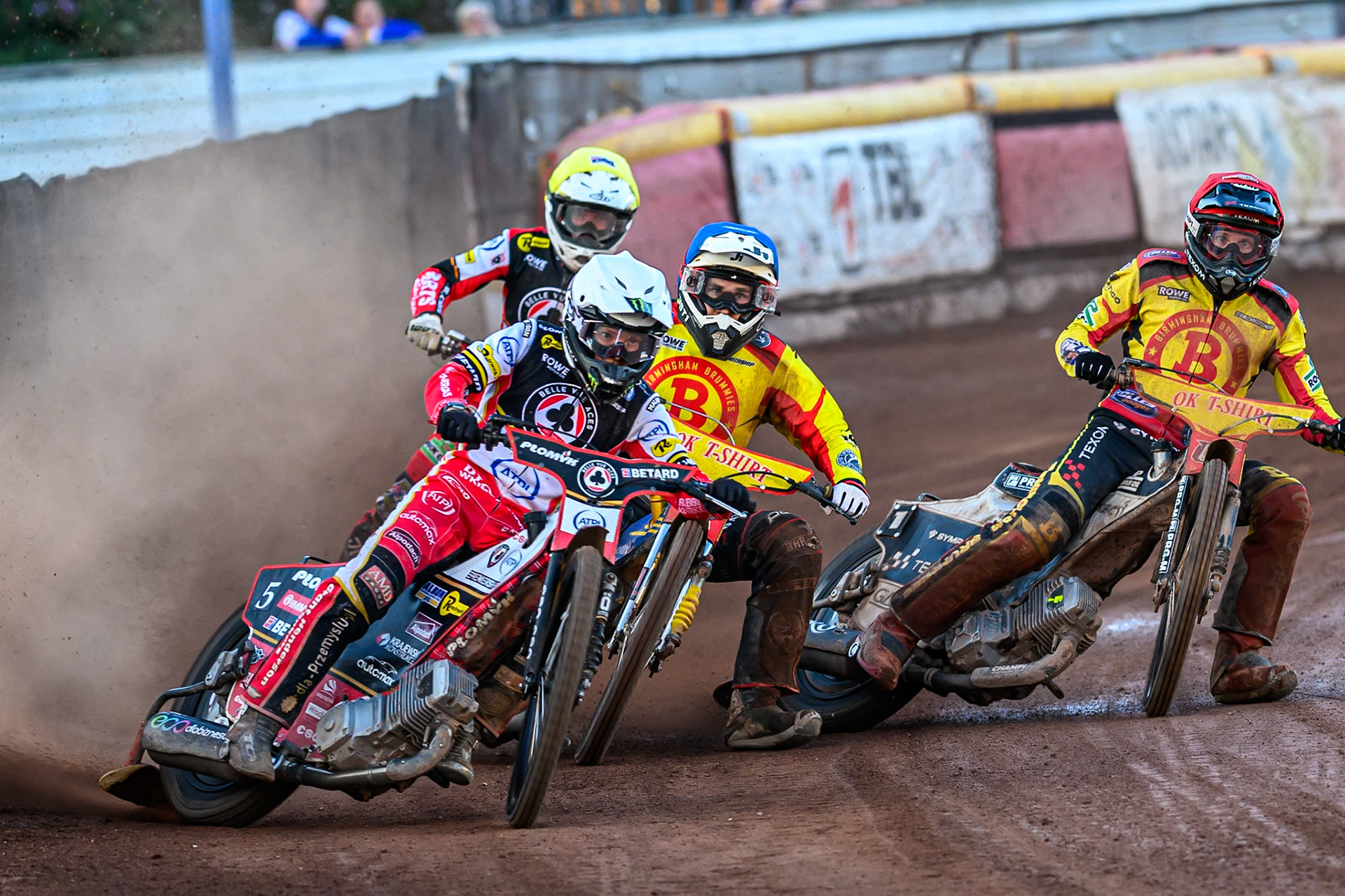 Belle Vue Aces' Dan Bewley  in White leading Birmingham Brummies' Tobias Musielak, Birmingham Brummies' Paco Castagna  in Blue and Belle Vue Aces' Tate Zischke in Yellow during the Rowe Motor Oil Premiership match between Birmingham Brummies and Belle Vue Aces at Perry Barr Stadium, Birmingham on Monday 28th July 2025. (Photo: Ian Charles | MI News)