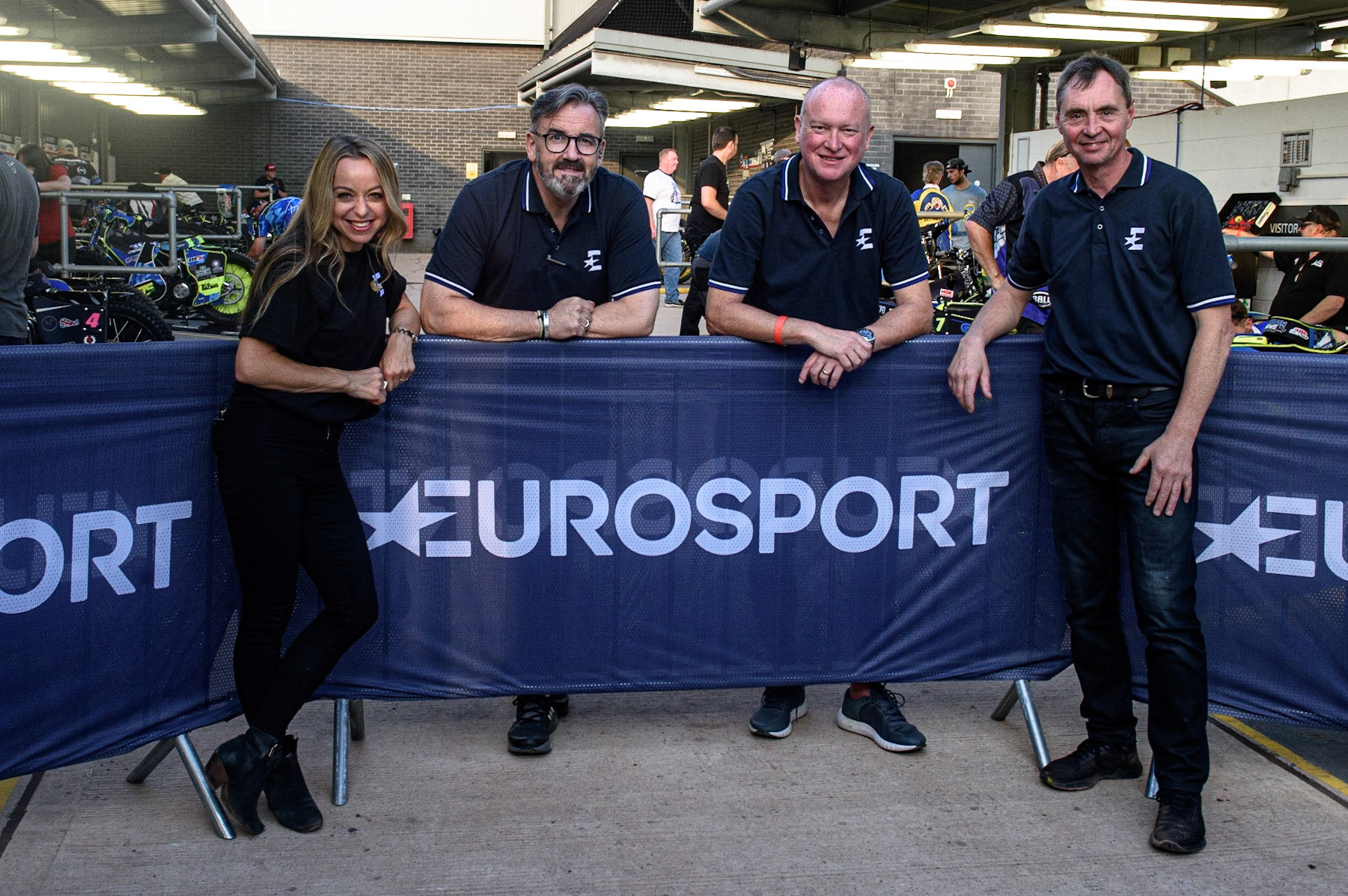 MANCHESTER, UK. SEPT 6TH  The Eurosport Presentation team: (l-r) Abi Stephens, Steve Brandon, Nigel Pearson, Kelvin Tatum during the SGB Premiership match between Belle Vue Aces and Sheffield Tigers at the National Speedway Stadium, Manchester on Monday 6th September 2021. (Credit: Ian Charles | MI News)