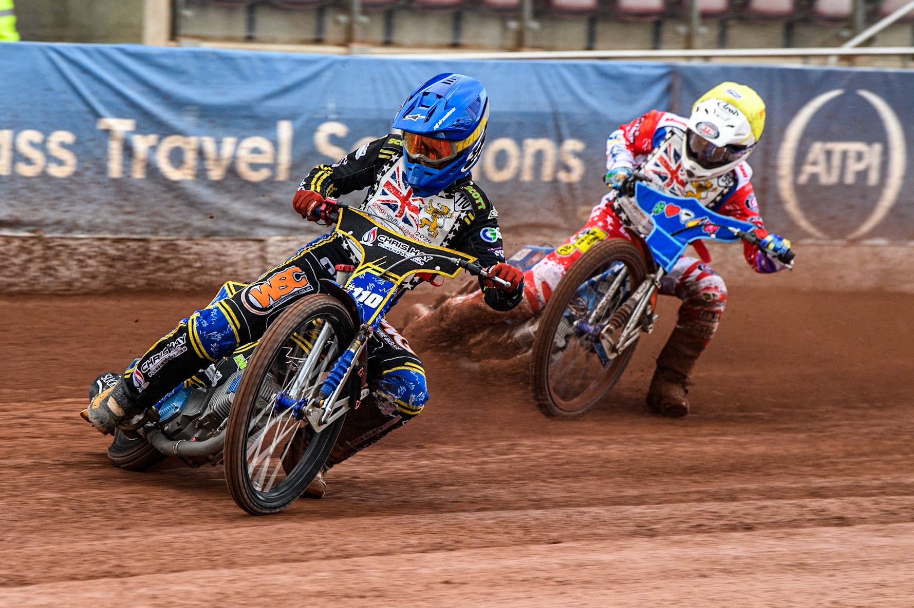 William Hocaniuk  (500cc)  in Blue leading Stene Pijper (500cc)  in Yellow during the British Youth 500cc Championships at the National Speedway Stadium, Manchester on Friday 2nd August 2024. (Photo: Ian Charles | MI News)