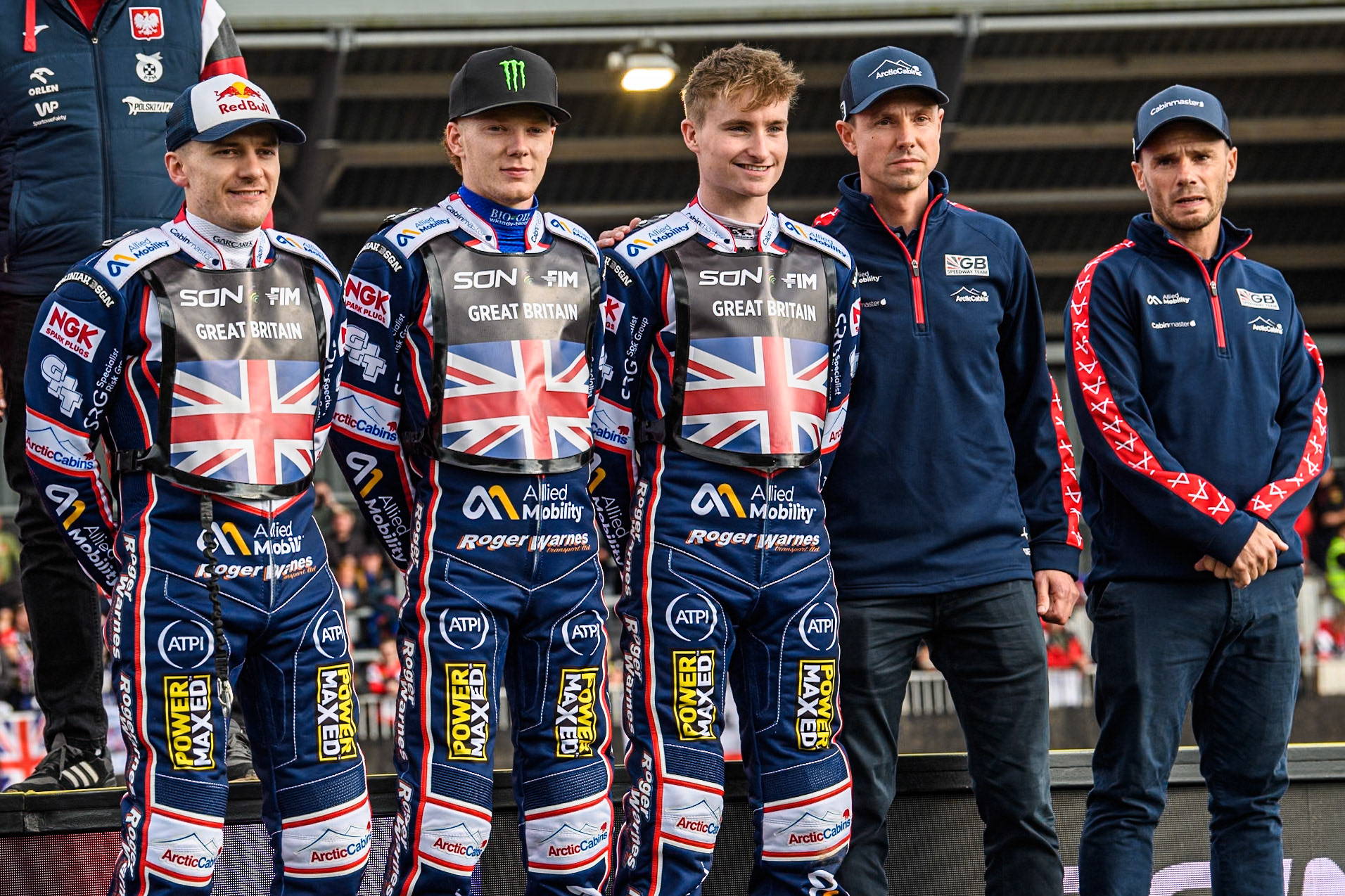 GREAT BRITAIN: (L to R) Robert Lambert, Dan Bewley, Tom Brennan, British Joint Team manager, Simon Stead and British Joint Team manager, Oliver Allen during the Monster Energy FIM Speedway of Nation Final at the National Speedway Stadium, Manchester on Saturday 13th July 2024. (Photo: Ian Charles | MI News)