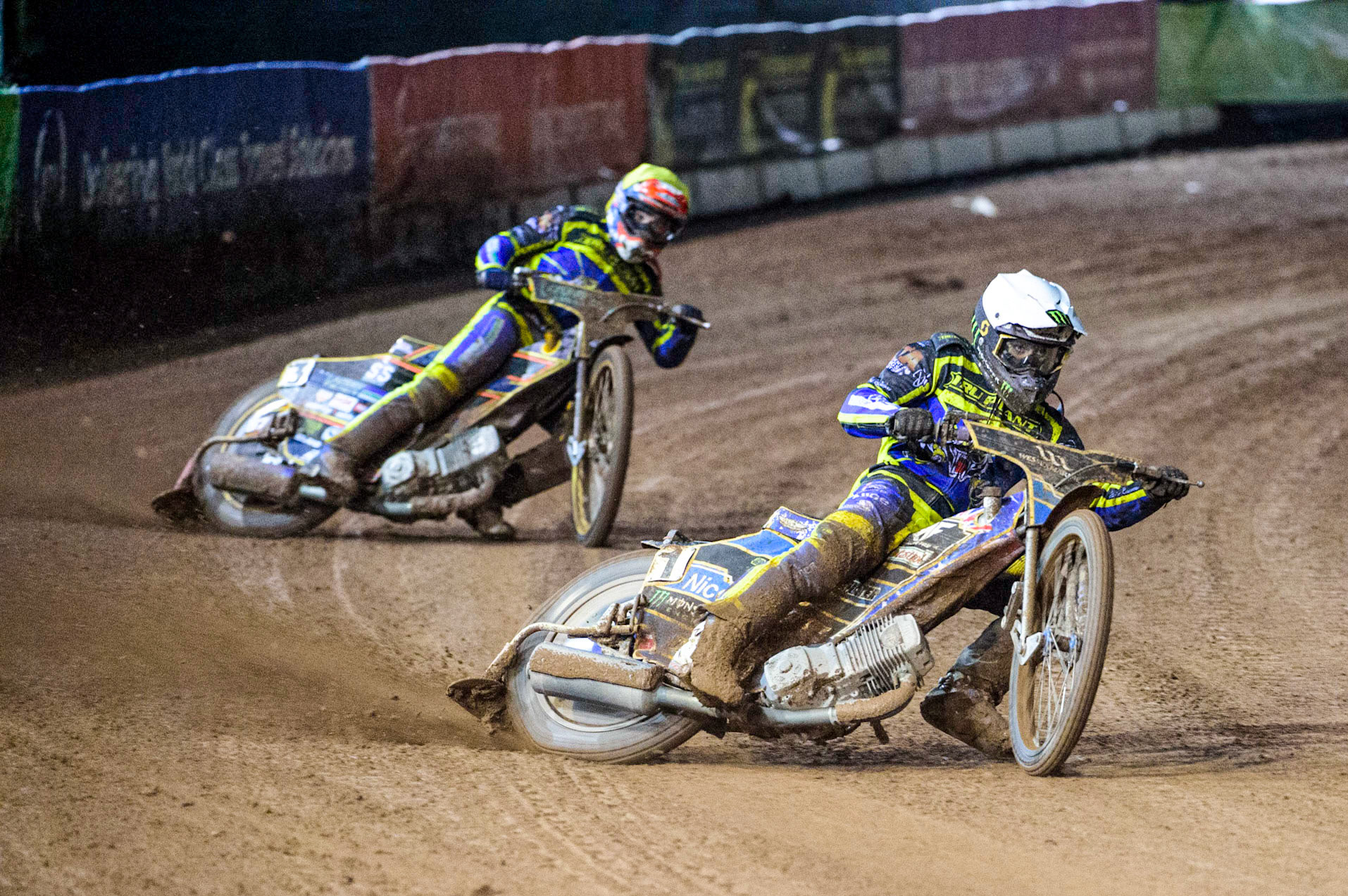 Jack Holder (White) leads team mate Connor Mountain (Yellow)  during the Grant Henderson Pairs at the National Speedway Stadium, Manchester on Thursday 27th October 2022. (Credit: Ian Charles | MI NEWS)