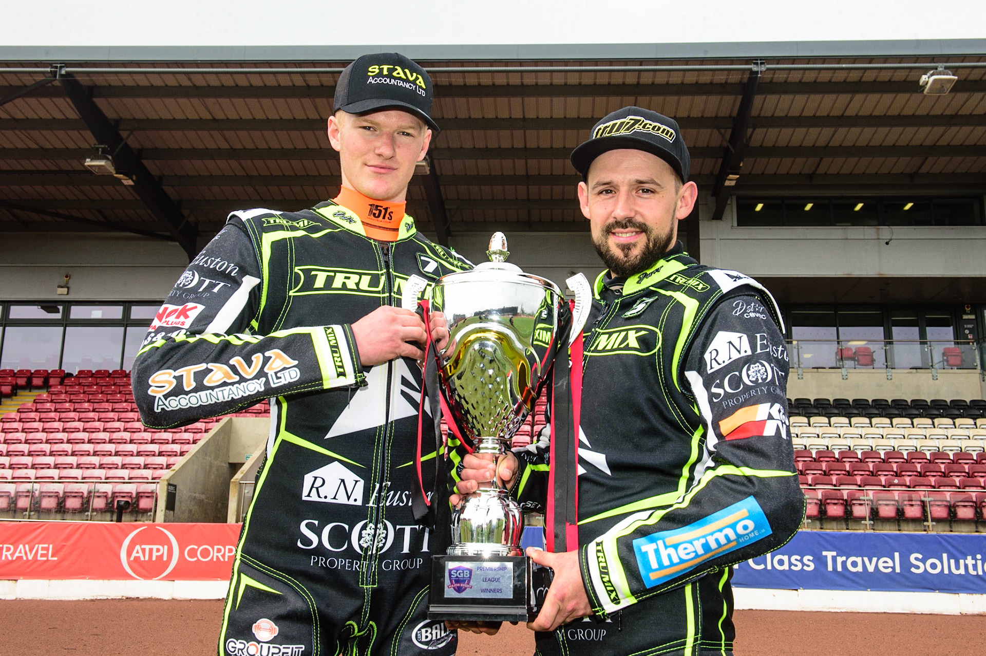 MANCHESTER, UK. APRIL 12TH: Anders Rowe and Danny King with the Premiership Trophy at the Discovery Networks Eurosport Speedway Season Launch at the National Speedway Stadium, Manchester on Tuesday 12th April 2022 (Credit: Ian Charles | MI News)