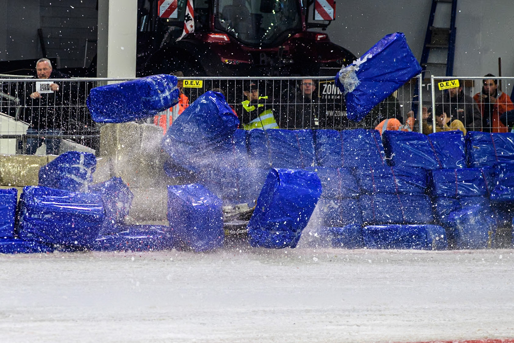 Germany's Max Niedermaier (88) crashes into the bales during the FIM Ice Speedway Gladiators World Championship Final 4 at Ice Rink Thialf, Heerenveen on Sunday 7th April 2024. (Photo: Ian Charles | MI News)