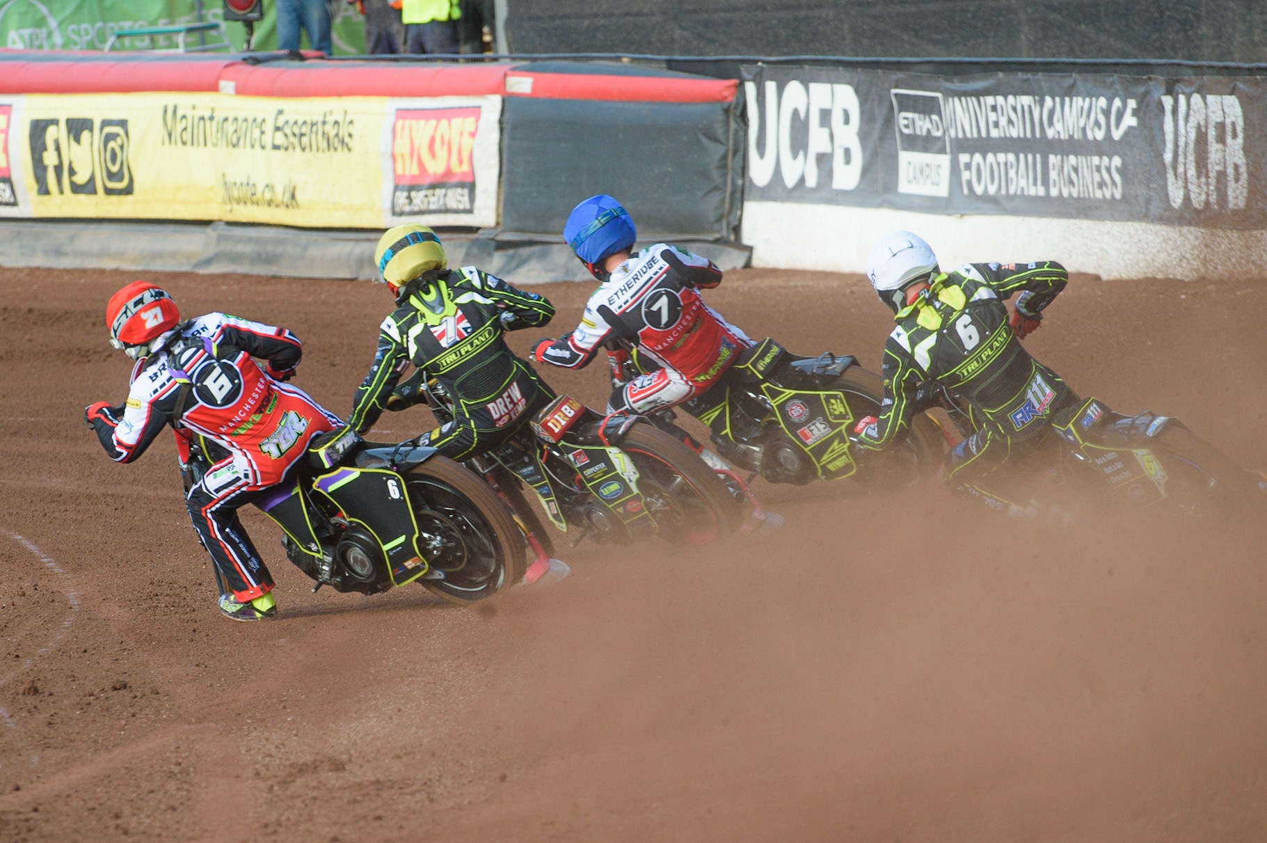 MANCHESTER, UK. JUNE 7TH   (l-r) Tom Brennan (Red), Jye Etheridge  (Yellow) Jye Etheridge  (Blue) and Anders Rowe (White) during the SGB Premiership match between Belle Vue Aces and Ipswich Witches at the National Speedway Stadium, Manchester on Monday 7th June 2021. (Credit: Ian Charles | MI News)