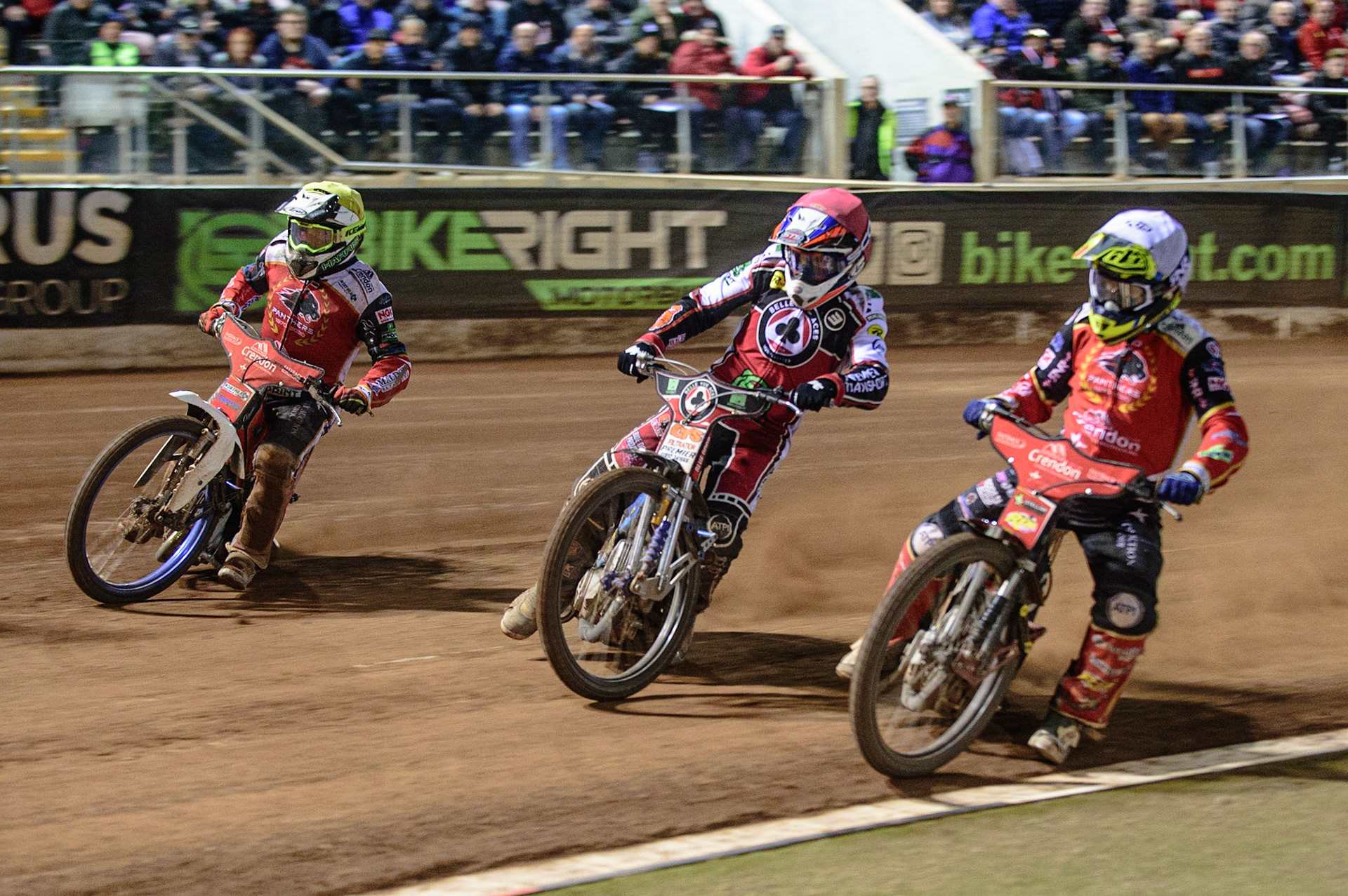 MANCHESTER, UK. OCT 11TH  Scott Nicholls  (White) inside Steve Worrall   (Red) and Chris Harris (Yellow) during the SGB Premiership Grand Final 1st Leg between Belle Vue Aces and Peterborough Panthers at the National Speedway Stadium, Manchester on Monday 11th October 2021. (Credit: Ian Charles | MI News)