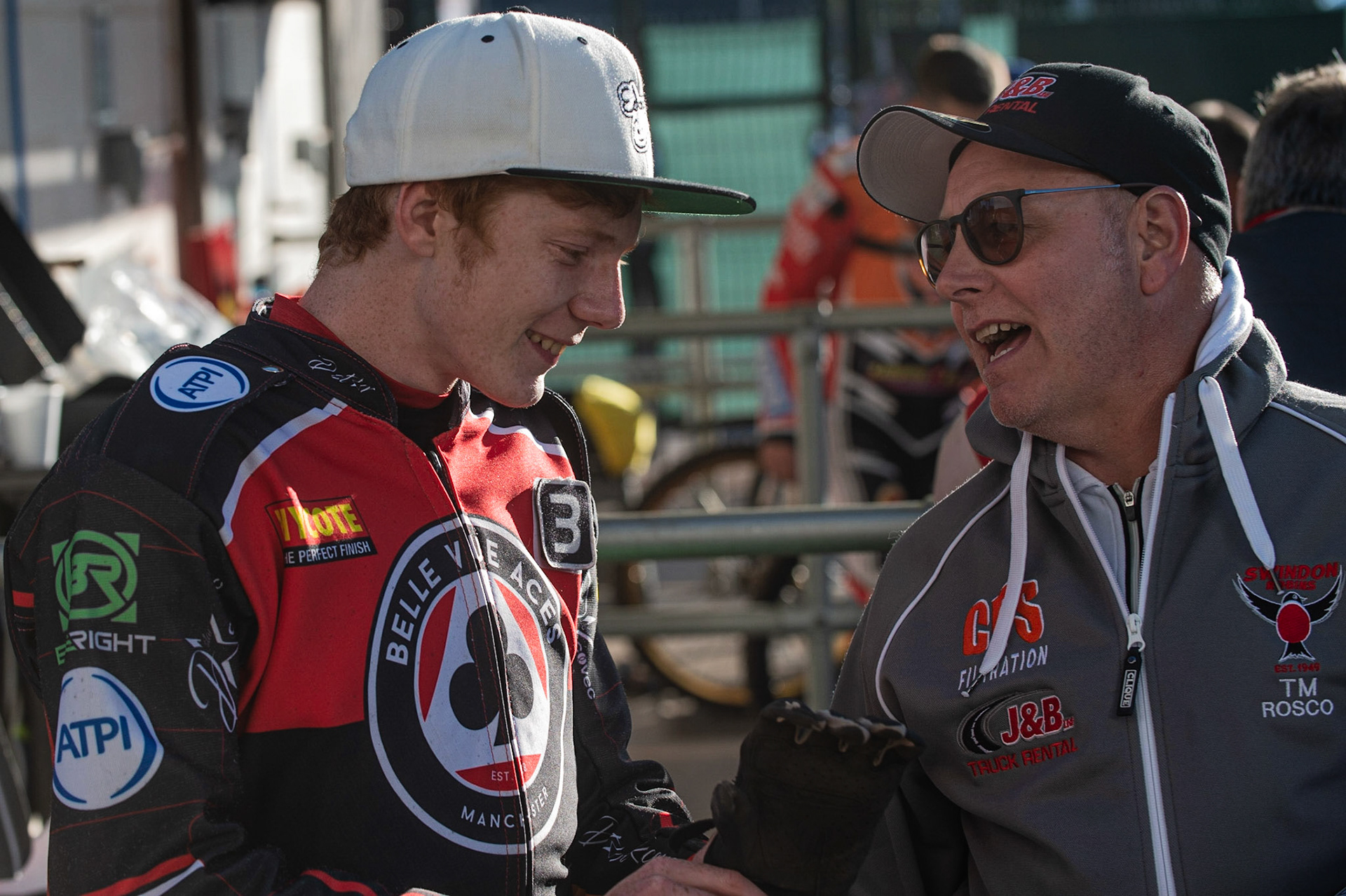 Photo: Ian Charles

Dan Bewley  (left) chats with Alun Rossiter

Belle Vue Aces v Swindon Robins, British Speedway Premiership, Belle Vue National Speedway Stadium, Manchester, Monday 20  May  2019