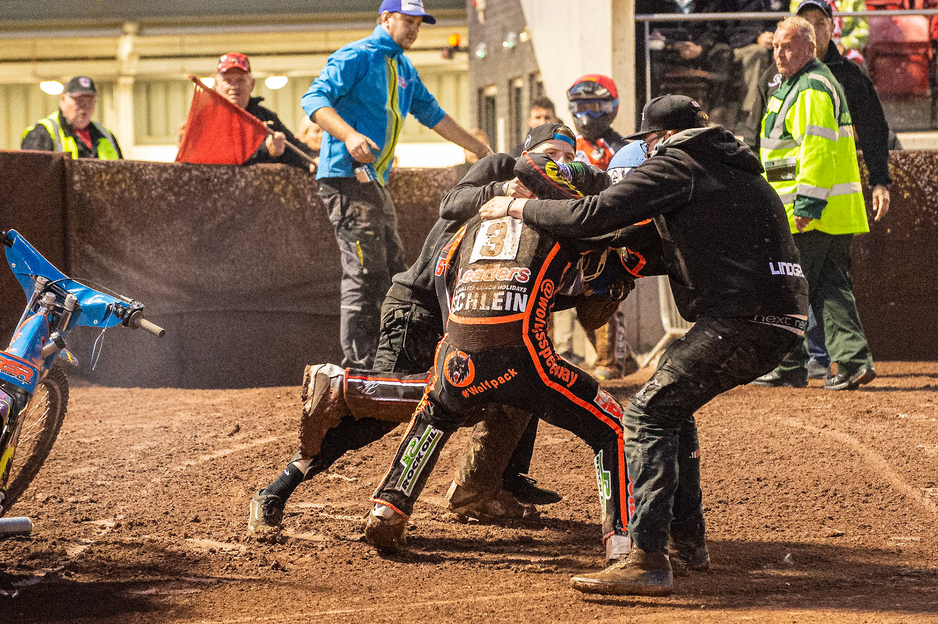 Photo by Ian Charles:

A scuffle breaks out between Rory Schlein  and Steve Worrall  after heat 10 

Belle Vue Aces v Wolverhampton Wolves, SGB Premiership, National Speedway Stadium, Manchester, Monday, 19, August, 2019