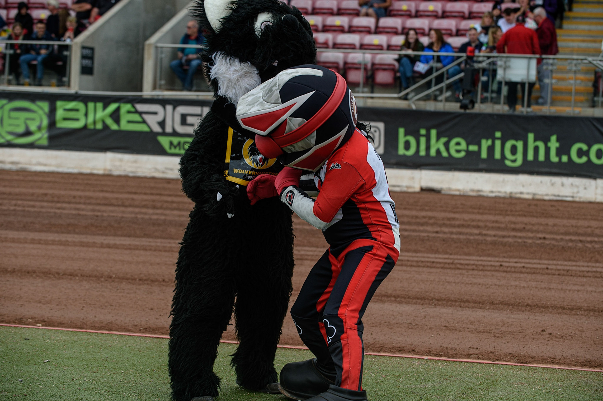 MANCHESTER, UK. AUGUST 30TH The Mascots pretend to fight before the meeting to amuse the fans during the SGB Premiership match between Belle Vue Aces and Wolverhampton Wolves at the National Speedway Stadium, Manchester on Monday 30th August 2021. (Credit: Ian Charles | MI News)