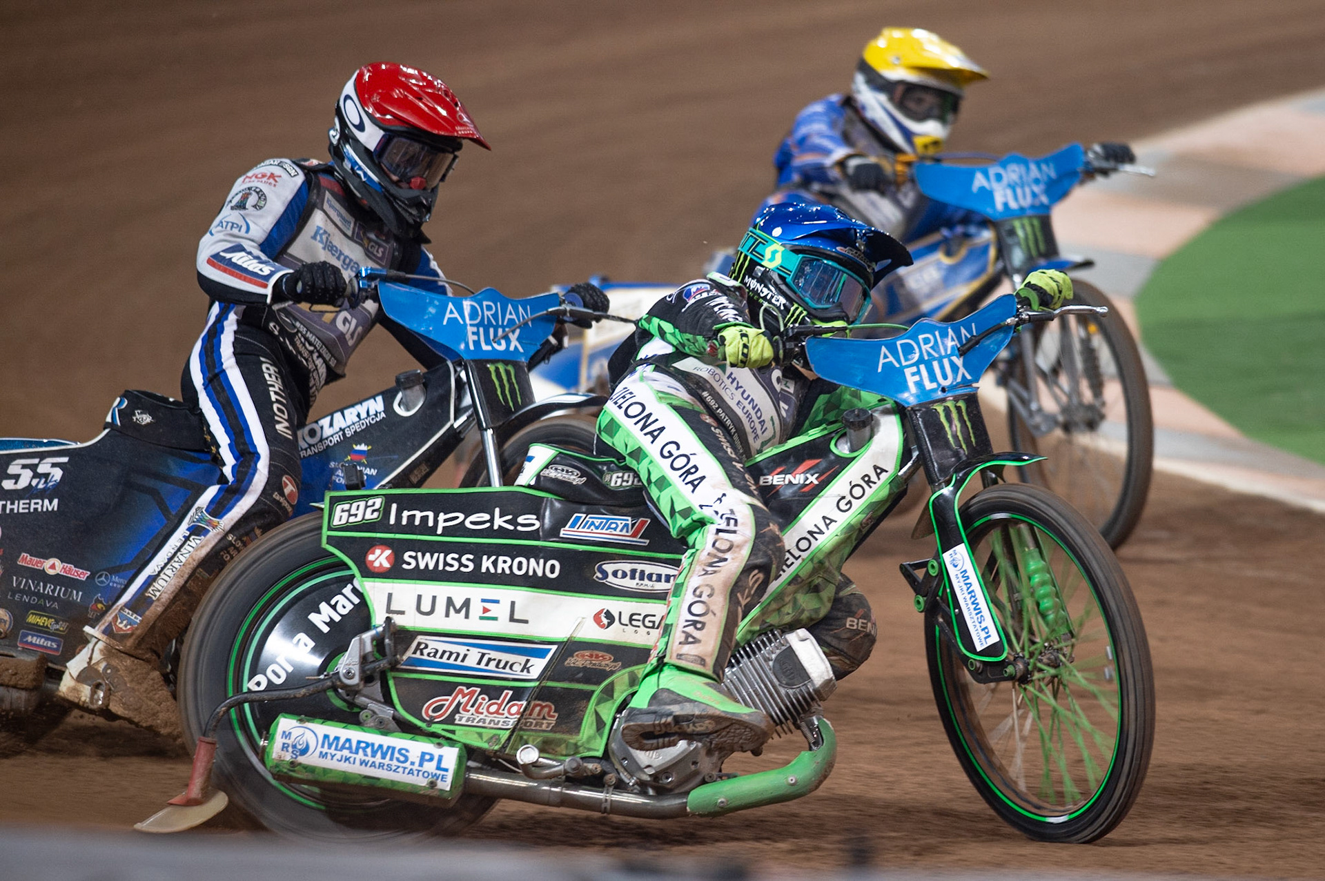CARDIFF,WALES  Patryk Dudek (Blue) outside Matej Zagar (Red) and Robert Lambert (Yellow) during the ADRIAN FLUX BRITISH FIM SPEEDWAY GRAND PRIX at the Principality Stadium, Cardiff on Saturday 21st September 2019. (Credit: Ian Charles | MI News)