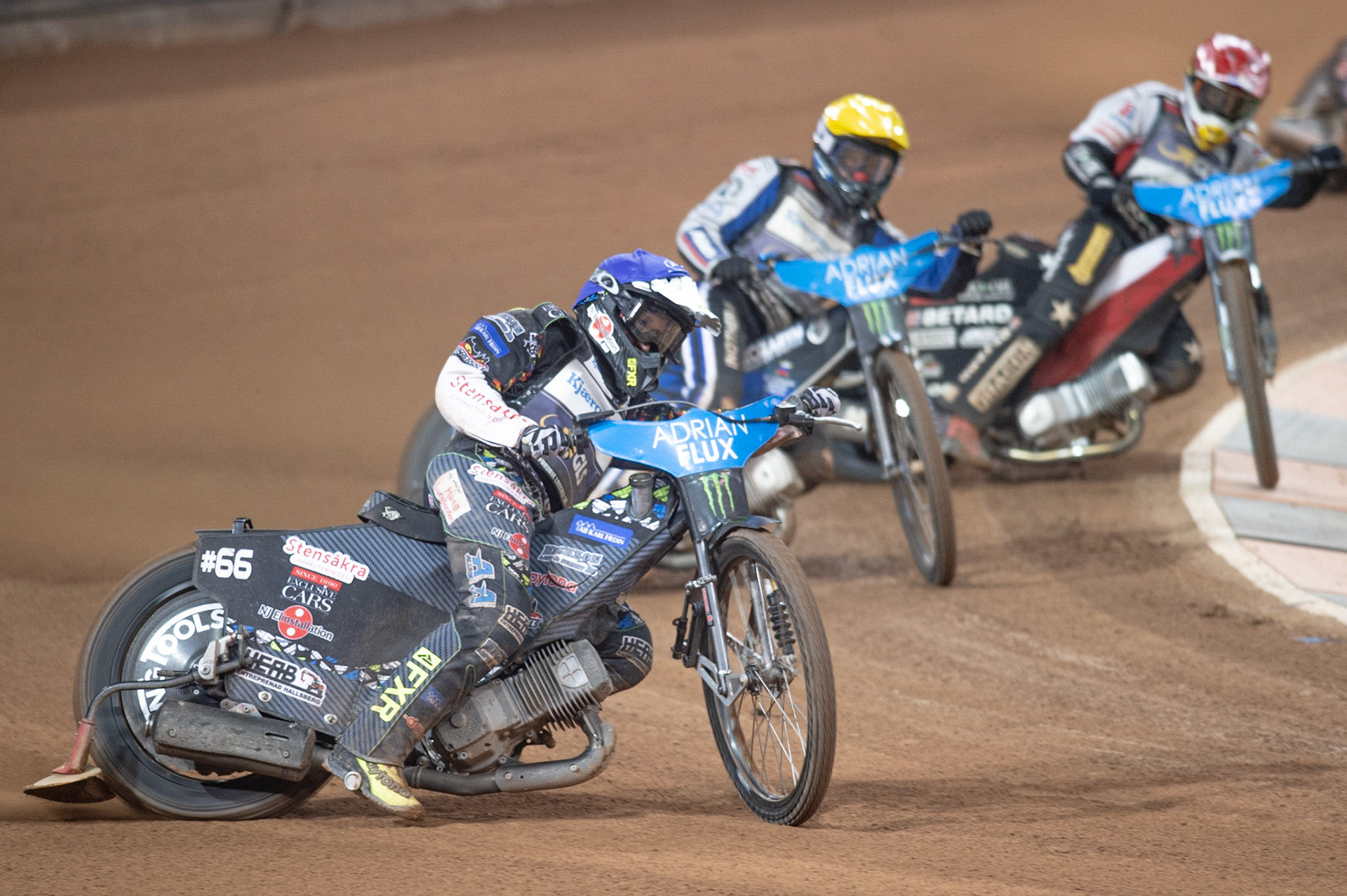 CARDIFF,WALES Fredrik Lindgren (Blue) leads Matej Zagar (Yellow) and Maciej Janowski (Red) during the ADRIAN FLUX BRITISH FIM SPEEDWAY GRAND PRIX at the Principality Stadium, Cardiff on Saturday 21st September 2019. (Credit: Ian Charles | MI News)