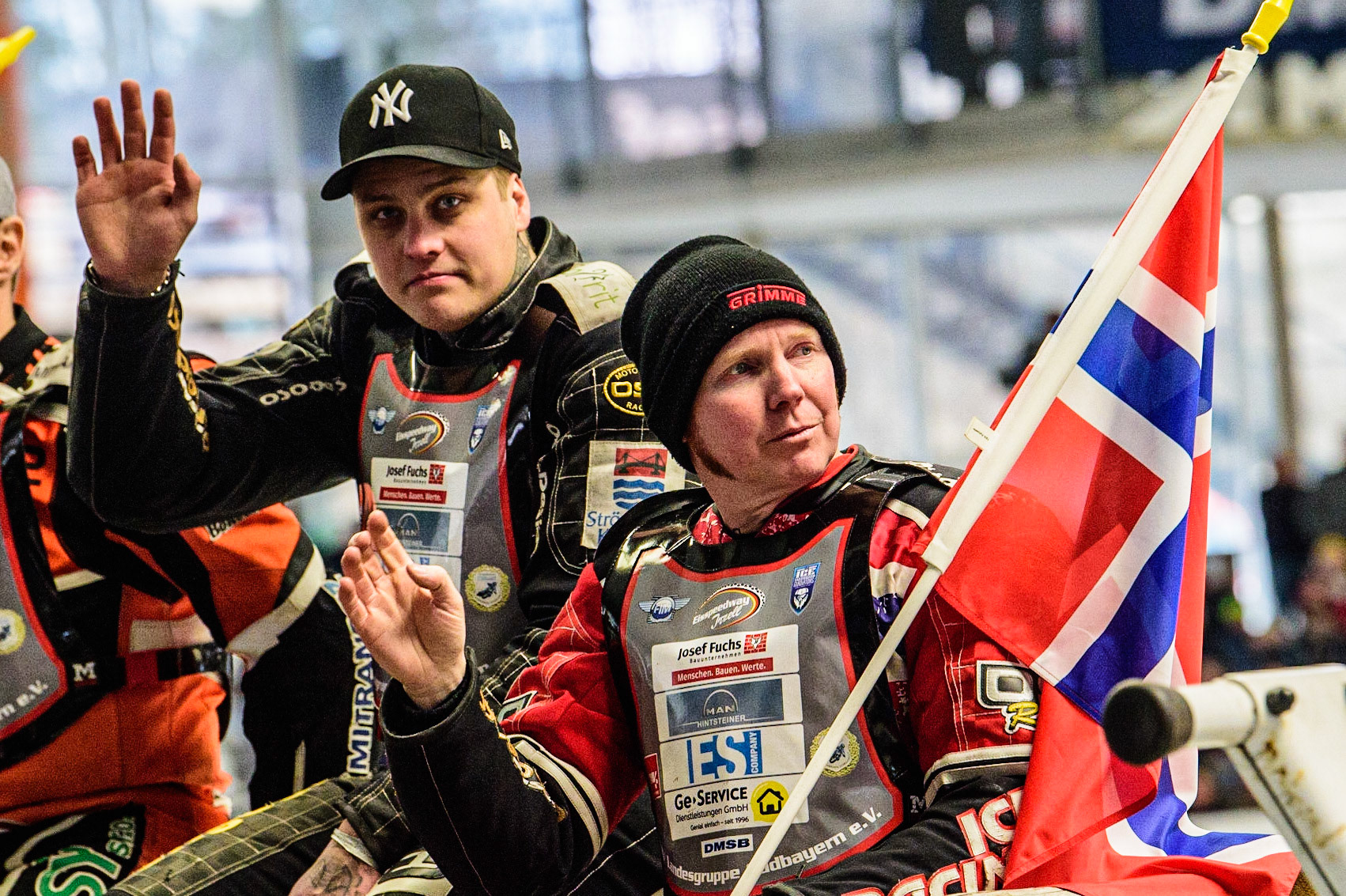 Jimmy Olsen (left) and Jo Saetre  on the pre-meeting parade during the Ice Speedway Gladiators World Championship Final 2 at Max-Aicher-Arena, Inzell, Germany on Sunday 19th March 2023. (Photo: Ian Charles | MI News)