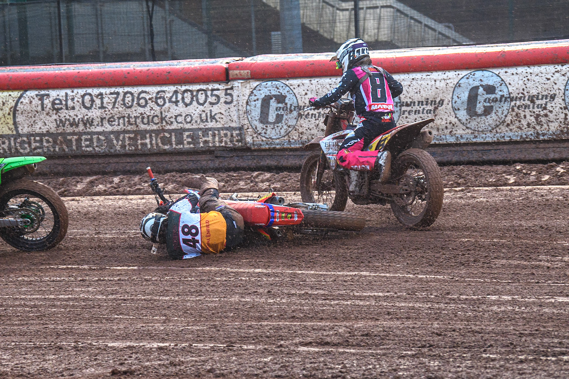 Nico Sorbo (48) from Italy slides off during the FIM World Flat Track Championship Round 1 at the National Speedway Stadium, Manchester on Saturday 5th August 2023. (Photo: Ian Charles | MI News)