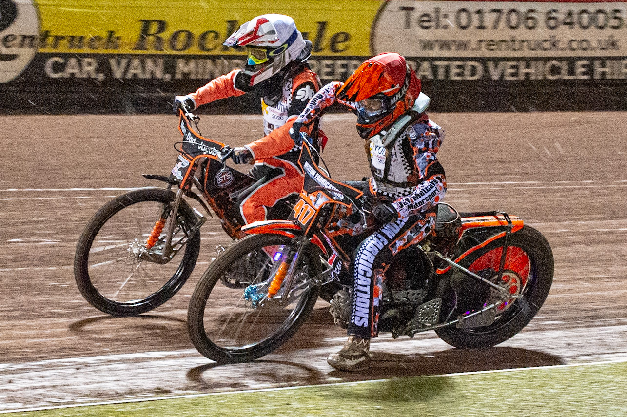 Photo: Ian CharlesBecky Weston (Red) inside Owen Booth (White) (125cc B Class)British Youth Speedway Championship (Round 5), National Speedway Stadium, Manchester Saturday  10  October  2020