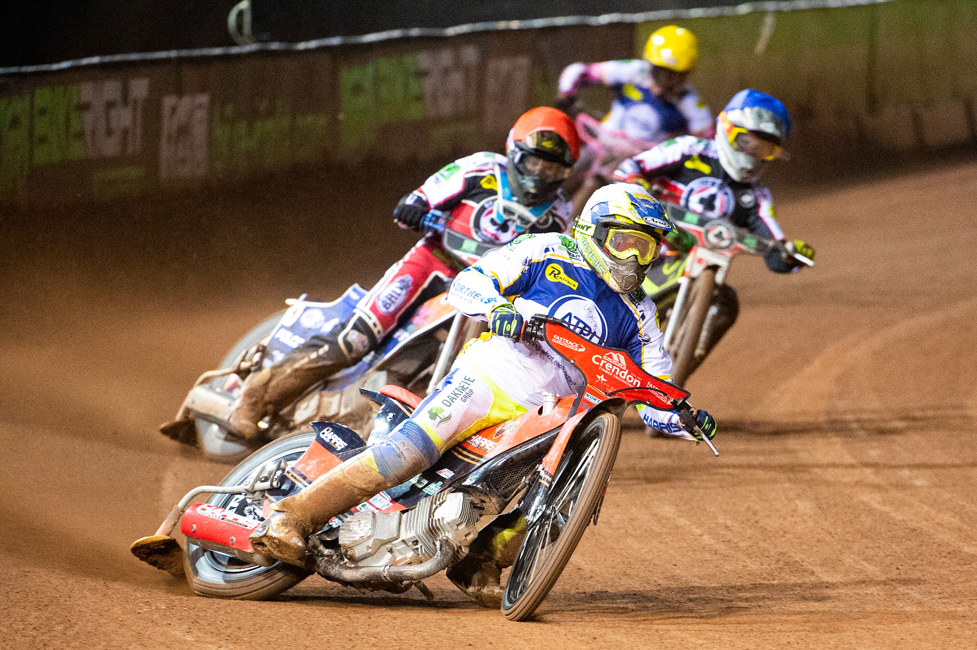 Photo: Ian CharlesChris Harris of the 'ATPI' All Stars (White) leads Brady Kurtz of Belle Vue 'BikeRight' Aces (Red)., Jye Etheridge of Belle Vue 'BikeRight' Aces (Blue) and Josh MacDonald of the 'ATPI' All StarsBelle Vue ‘Bikerite ’Aces v ‘ATPI’ All Stars, Premiership Challenge, National Speedway Stadium, Manchester Thursday  24  September  2020