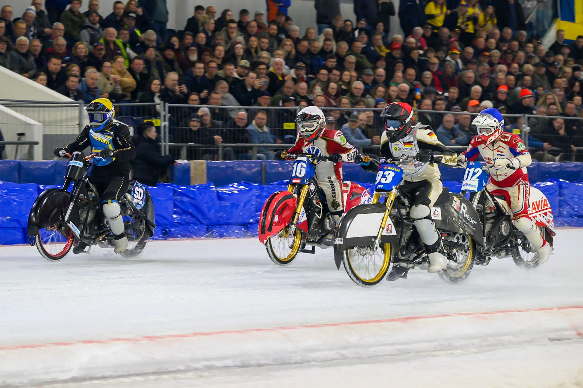 Heat 15 start: Franz Mayerbüchler of Germany  in Red rides inside Josef Kreuzberger of Austria in White and Isak Dekkerhus of Sweden  in Yellow with Niek Schaap of The Netherlands  in Blue' behind during the ROELOF THIJS BOKAAL at Ice Rink Thialf, Heerenveen on Friday 10th April 2026.  (Photo: Ian Charles | MI News)
