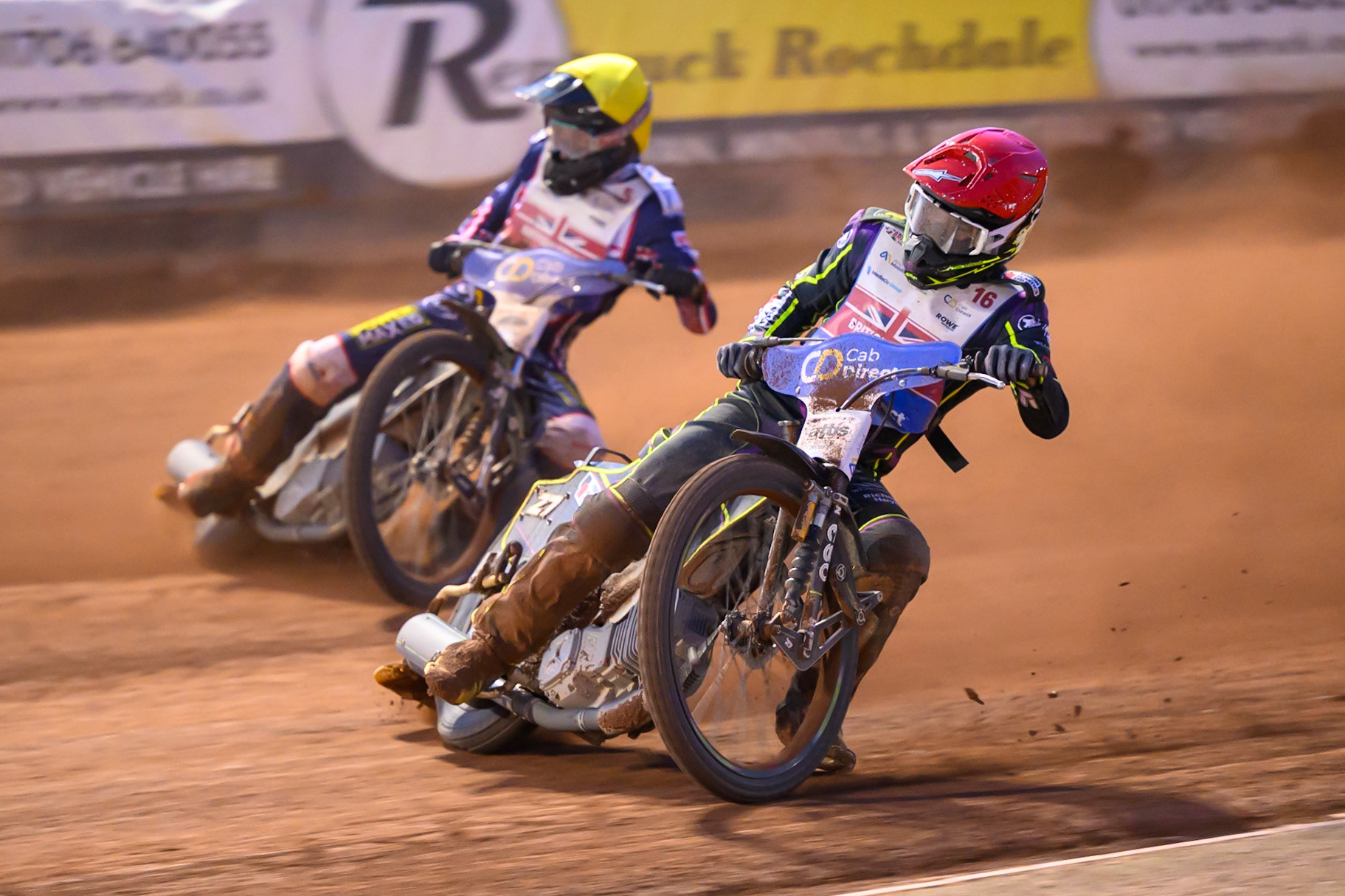 Tom Brennan (16) in Red leading Adam Ellis (5) in Yellow during the Cab Direct British Speedway Championship Final at the National Speedway Stadium, Manchester on Saturday 15th August 2026. (Photo: Ian Charles | MI News)