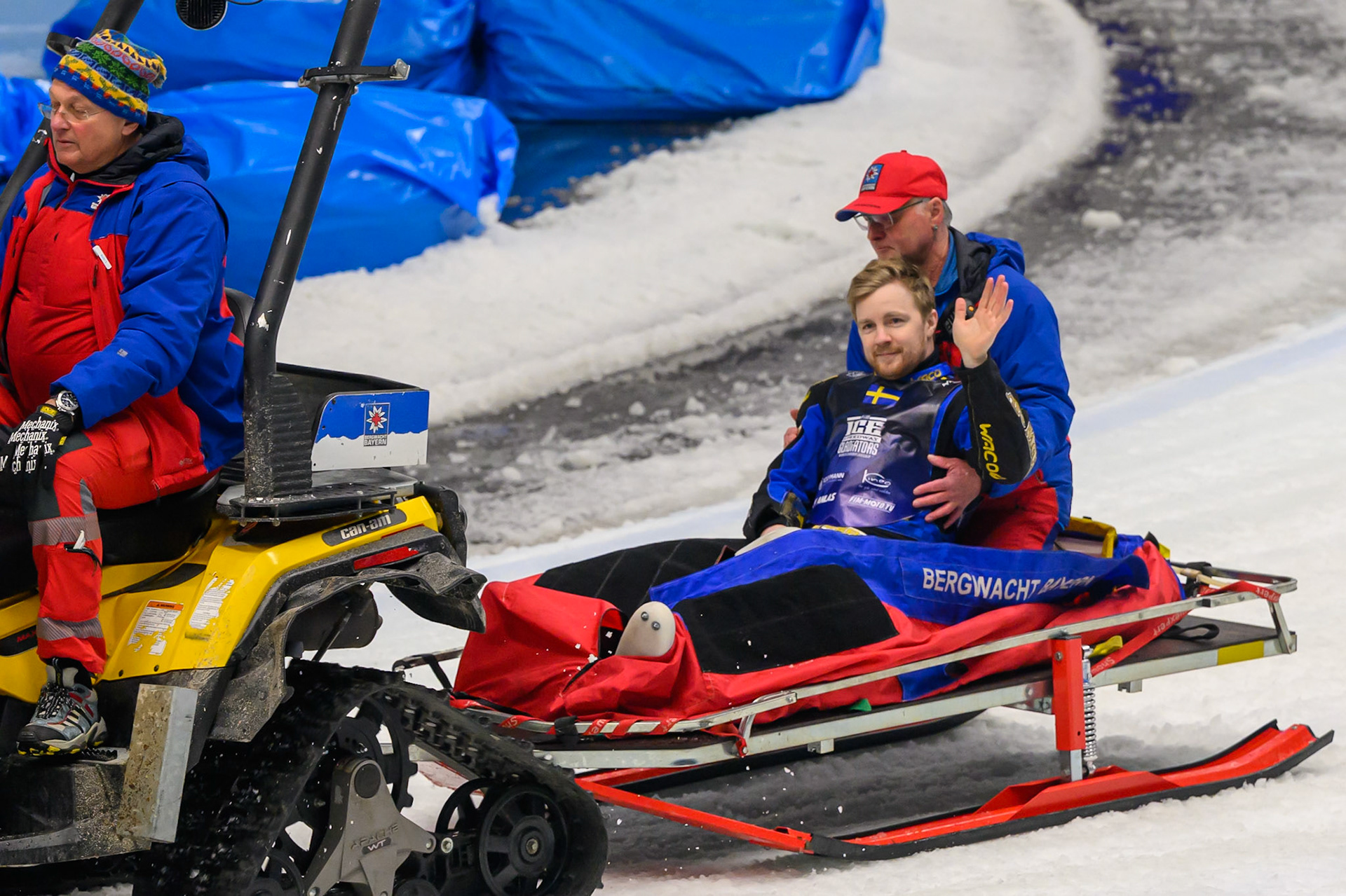 Martin Haarahiltunen (199) of Sweden  is stretched off after his fall in the Grand Final during the Ice Speedway Gladiators World Championship Final 2 at Max-Aicher-Arena, Inzell on Sunday 15th March 2026. (Photo: Ian Charles | MI News)