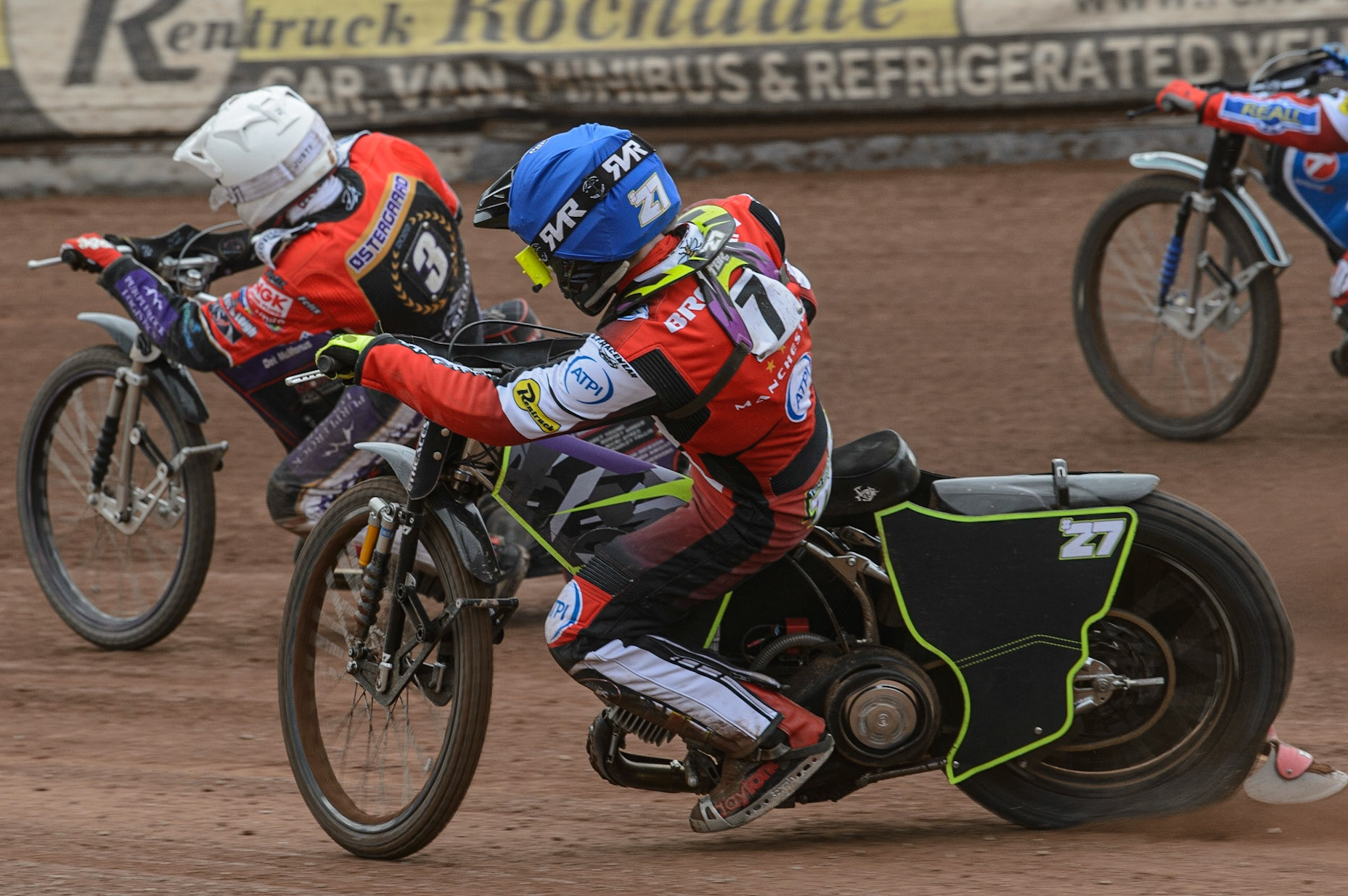 MANCHESTER, UK. MAY 2ND  Tom Brennan  (Blue) chases Ulrich Ostergaard  (White) during the SGB Premiership match between Belle Vue Aces and Peterborough at the National Speedway Stadium, Manchester on Monday 2nd May 2022. (Credit: Ian Charles | MI News)