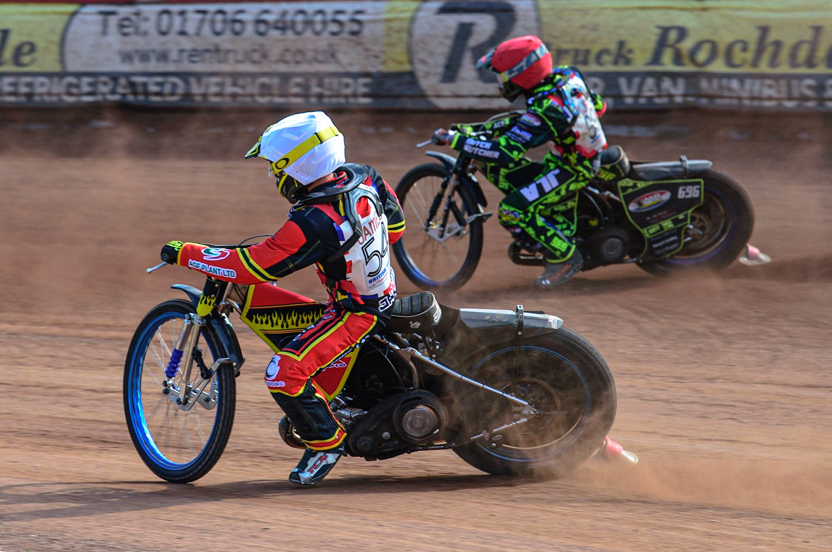 MANCHESTER, UK. JUN 3RD Max James (54) (White) inside Ace Pijper (696) (Red)  during the British Youth Speedway Championship (Round 4)  at the National Speedway Stadium, Manchester on Friday 3rd June 2022. (Credit: Ian Charles | MI News)