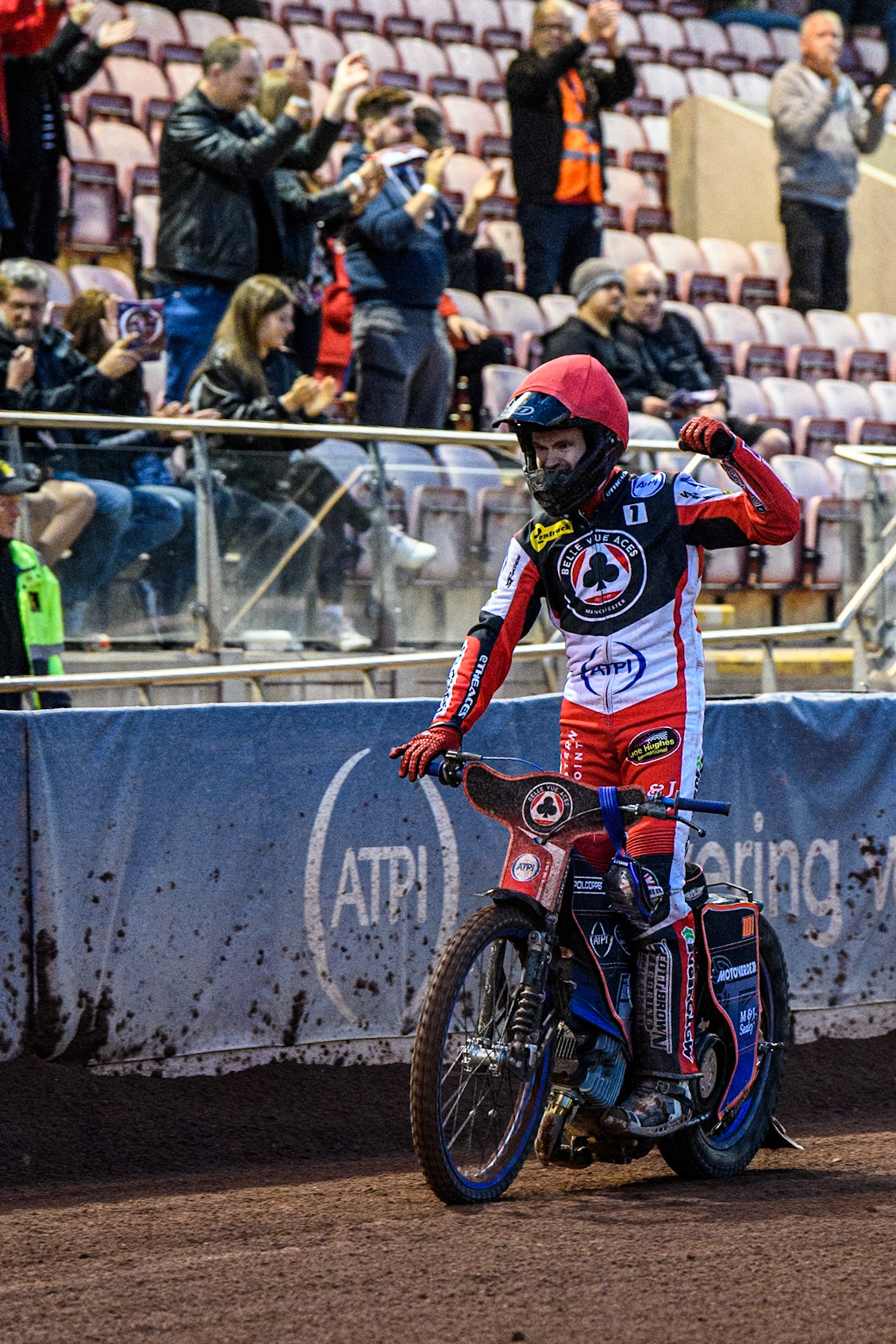 Belle Vue Aces' Brady Kurtz  acknowledges the fans during the Rowe Motor Oil Premiership match between Belle Vue Aces and Oxford Spires at the National Speedway Stadium, Manchester on Monday 22nd July 2024. (Photo: Ian Charles | MI News)