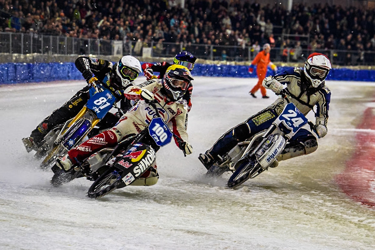Austria's Franz Zorn (100) in Yellow leading Sweden"s Jimmy Olsén (81) in White, Finland's Max Koivula (24) in Red and Netherlands' Jasper Iwema (800) in Blue into the first turn during the FIM Ice Speedway Gladiators World Championship Final 3 at Ice Rink Thialf, Heerenveen on Saturday 6th April 2024. (Photo: Ian Charles | MI News)