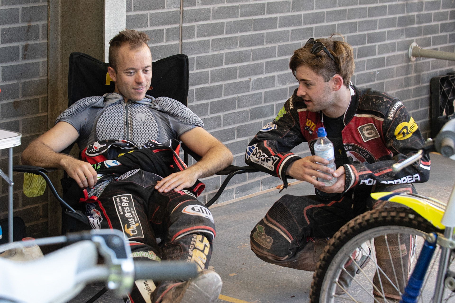 Photo: Ian Charles

Kenneth Bjerre  (left) chats with Jaimon Lidsey 

Belle Vue Aces v Kings Lynn Stars, British Speedway Premiership, Belle Vue National Speedway Stadium, Manchester, Monday 26  August  2019