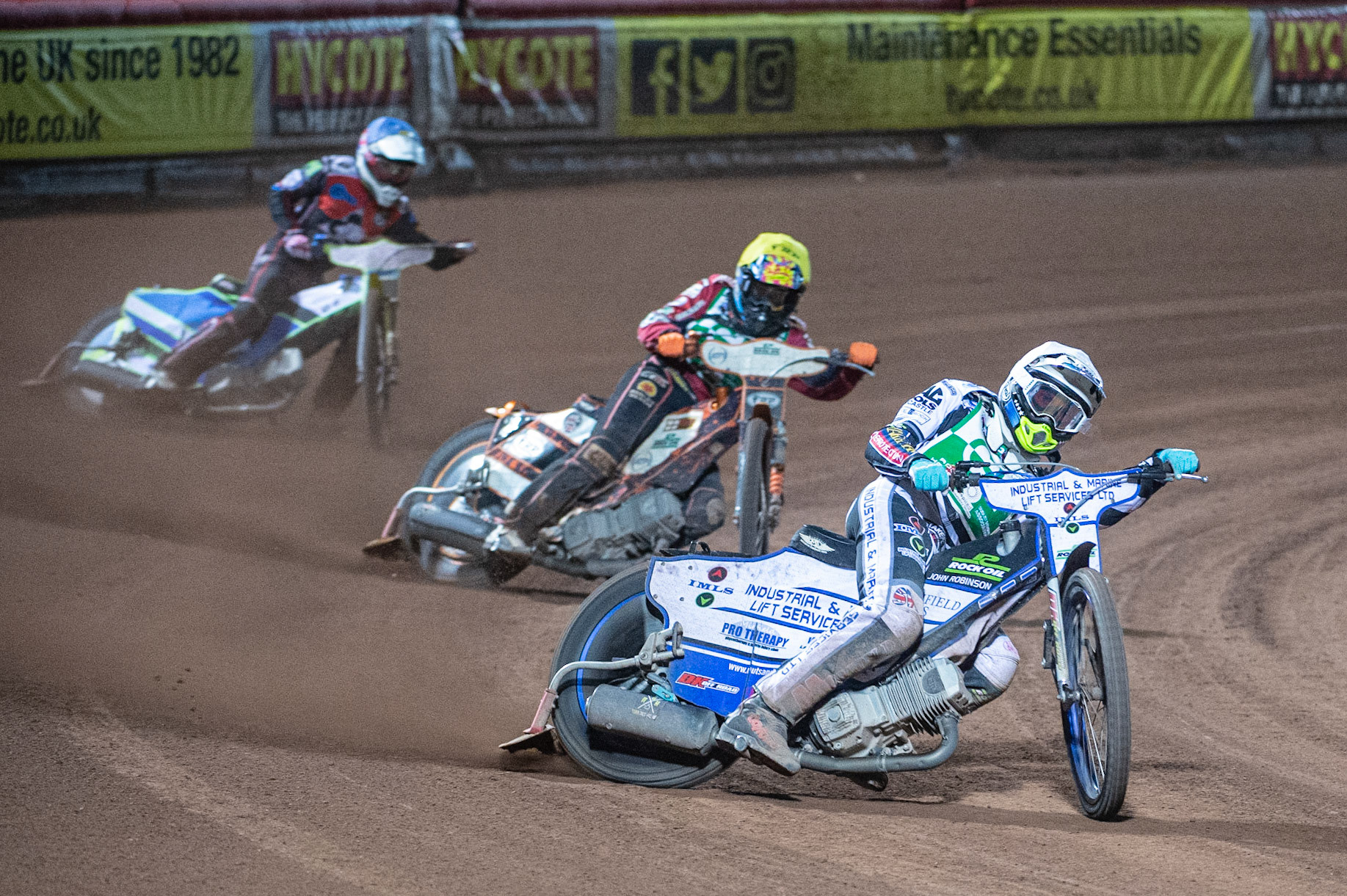 Photo: Ian Charles

Max Clegg  (White) leads Jack Smith   (Yellow) and Ben Rathbone  (Blue)

Belle Vue Colts v Cradley Heathens, SGB National League KO Cup Semi Final 2nd Leg, Belle Vue National Speedway Stadium, Manchester, Wednesday 18  September  2019