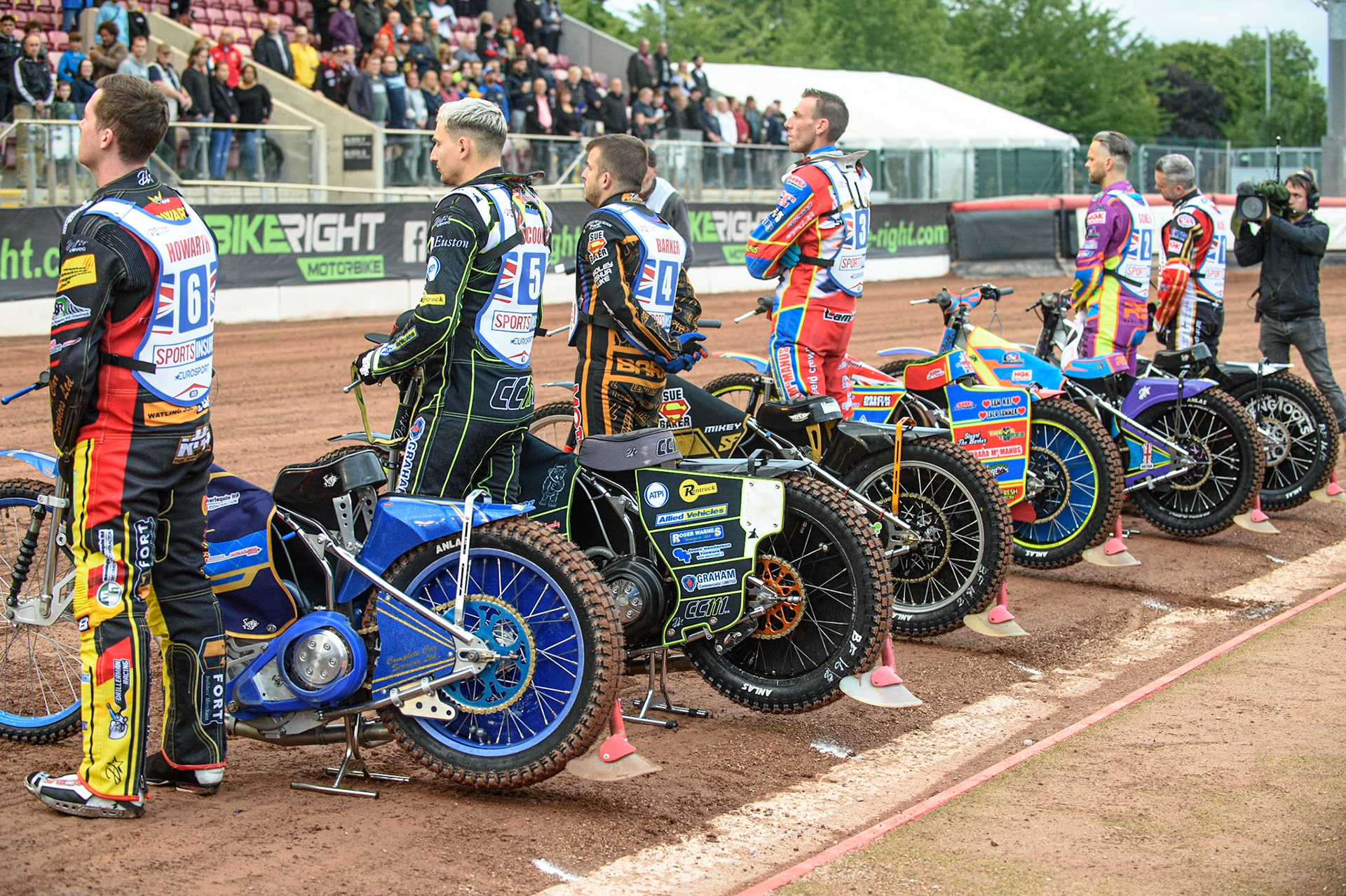 MANCHESTER, UK. AUGUST 16TH   The riders during the National Anthem during the Sports Insure British Speedway Finals at the National Speedway Stadium, Manchester on Monday 16th August 2021. (Credit: Ian Charles | MI News)