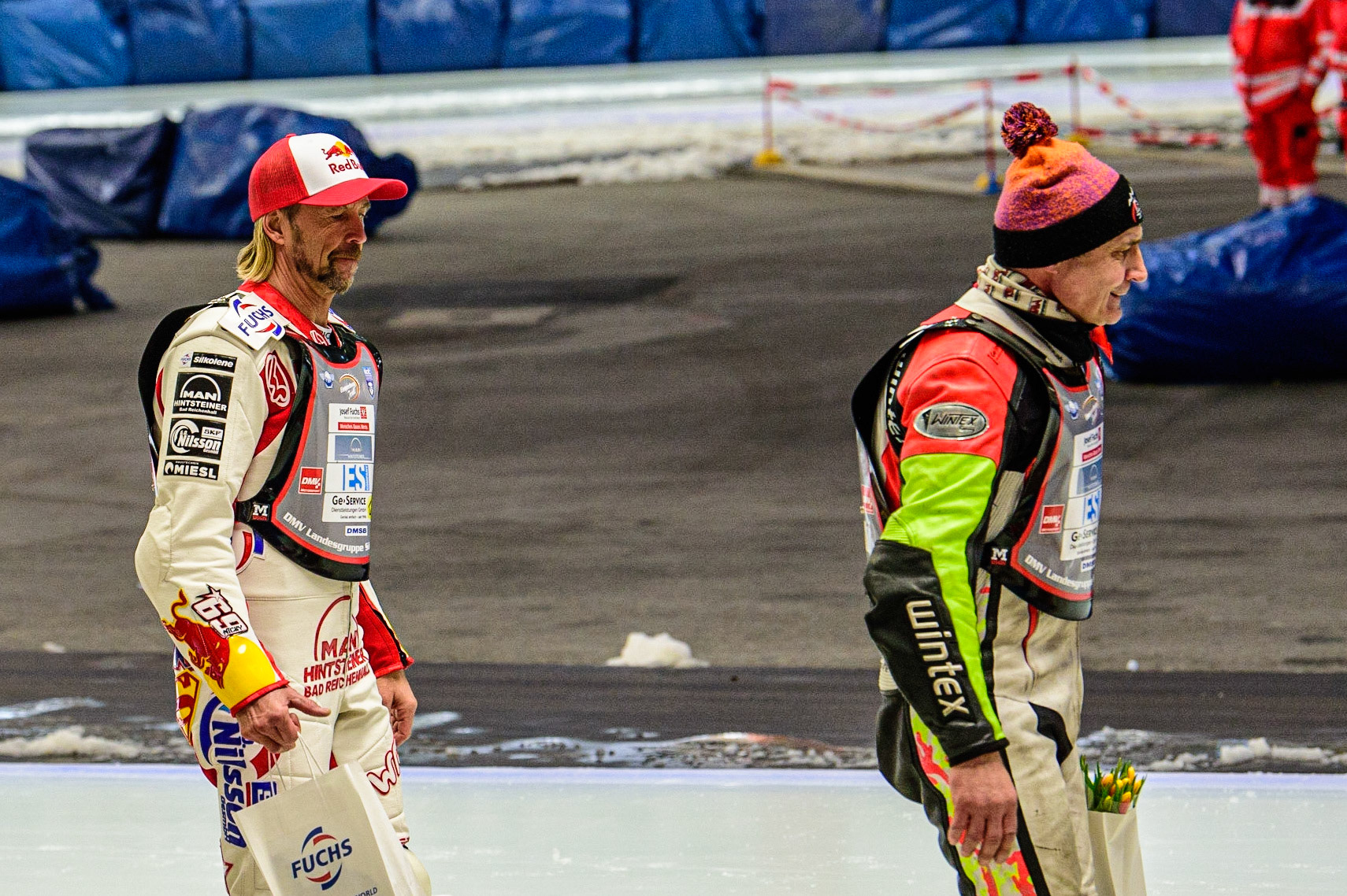 Franz Zorn (100)(left) and Harald Simon (50) on the pre-meeting parade during the Ice Speedway Gladiators World Championship Final 1 at Max-Aicher-Arena, Inzell, Germany on Saturday 18th March 2023. (Photo: Ian Charles | MI News)