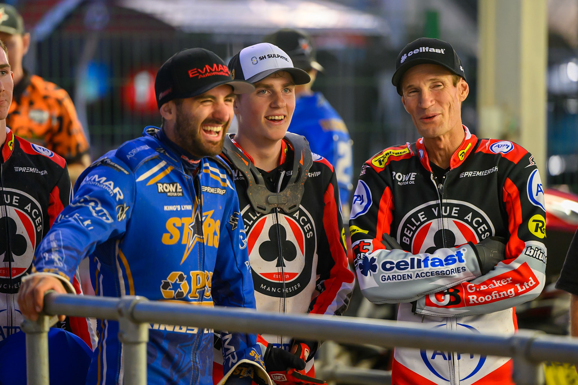 (L to R) Jan Kvech of Kings Lynn Stars , Norick Blödorn of Belle Vue Aces  and Jason Doyle of Belle Vue Aces during the Rowe Motor Oil Premiership match between Belle Vue Aces and King's Lynn Stars at the National Speedway Stadium, Manchester on Monday 10th August 2026. (Photo: Ian Charles | MI News)
