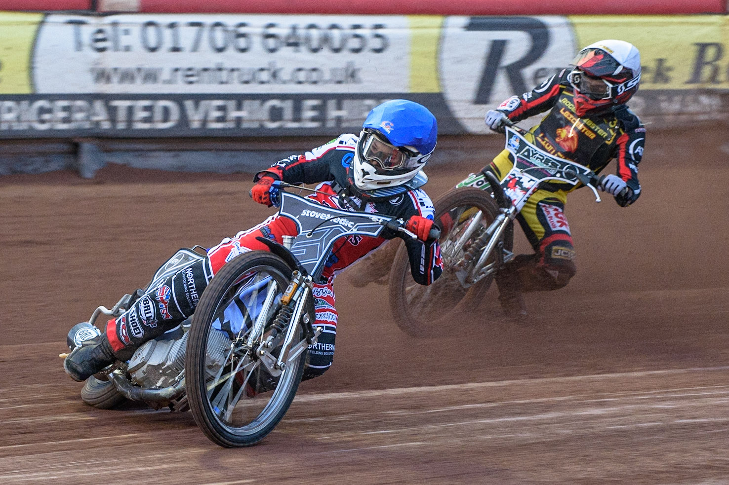 MANCHESTER, UK. JULY 29TH   Sam McGurk  (Blue) leads Joe Lawlor  (White) during the National Development League match between Belle Vue Colts and Leicester Lion Cubs at the National Speedway Stadium, Manchester on Thursday 29th July 2021. (Credit: Ian Charles | MI News)