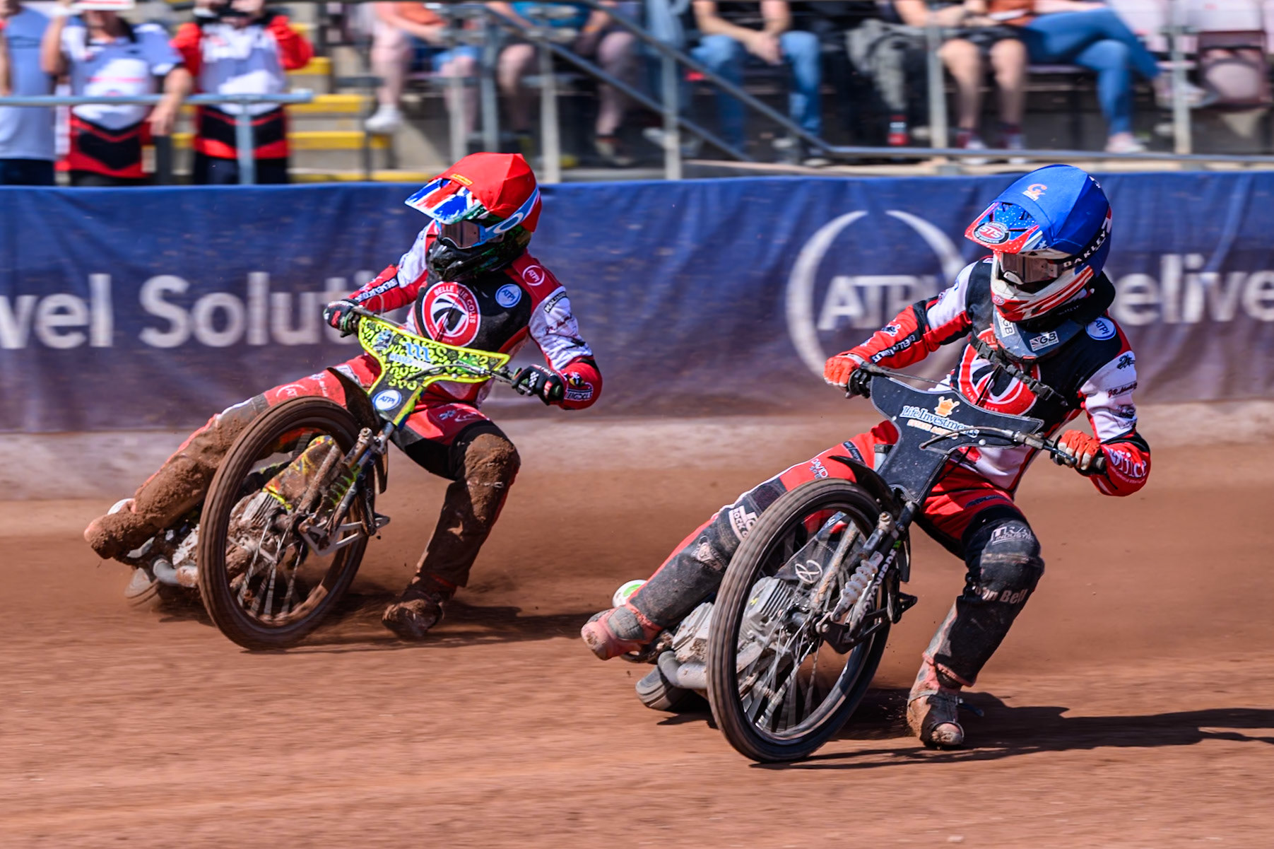 Freddy Hodder of Belle Vue Colts  in Blue rides inside William Cairns of Belle Vue Colts  in Red during the WSRA National Development League match between Belle Vue Colts and Middlesbrough Tigers at the National Speedway Stadium, Manchester on Sunday 10th August 2025. (Photo: Mark Fletcher | MI News)