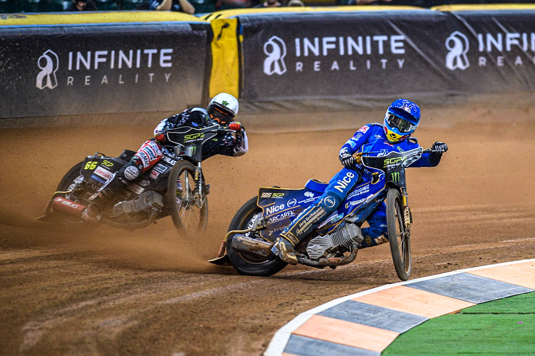 Robert Lambert (505) (Blue) leads  Freddie Lindgren (66) (White) during the FIM Speedway Grand Prix of Great Britain at the Principality Stadium, Cardiff on Saturday 2nd September 2023. (Photo: Ian Charles | MI News)