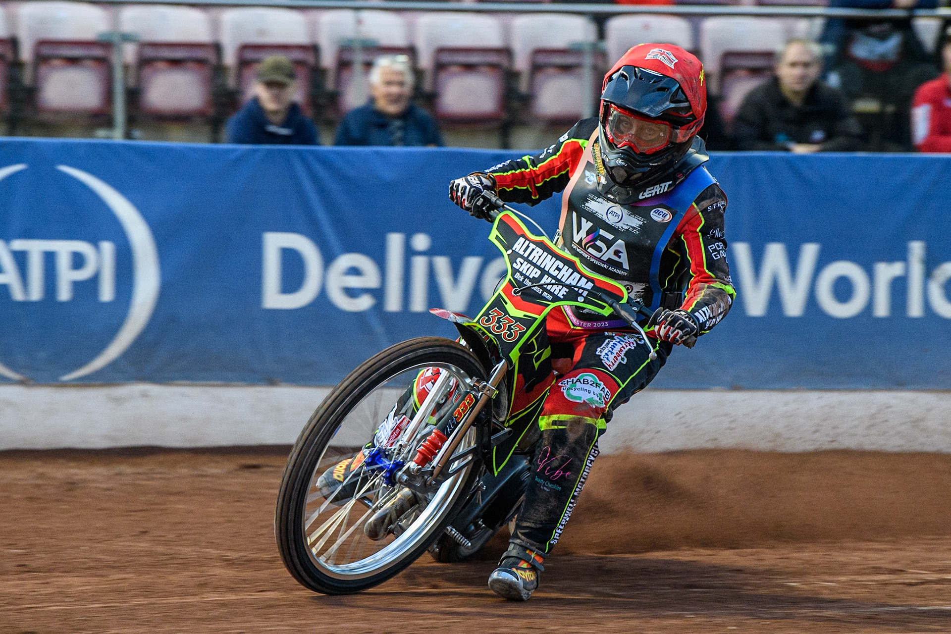 Katie Gordon in action  during the Sports Insure Premiership match between Belle Vue Aces and Wolverhampton Wolves at the National Speedway Stadium, Manchester on Monday 3rd July 2023. (Photo: Ian Charles | MI News)