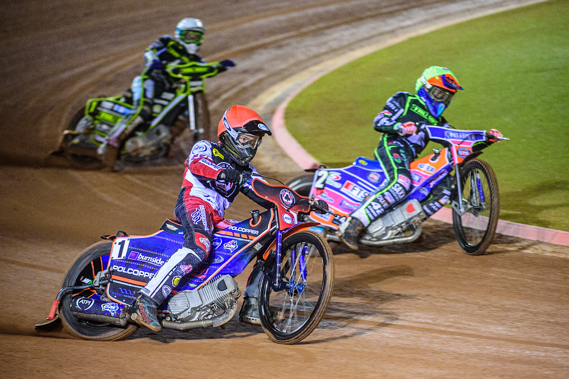 Brady Kurtz  (Red) outside Aaron Summers  (Yellow) with Jason Doyle  (White) behind during the SGB Premiership Semi Final 2nd Leg between Belle Vue Aces and Ipswich Witches at the National Speedway Stadium, Manchester on Monday 3rd October 2022. (Credit: Ian Charles | MI News)