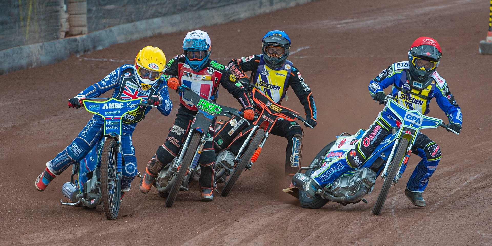 Photo by Ian Charles:

(l-r) Robert Lambert (Yellow), Dimitri Bergé (White), Jacob Thorssell (Blue) and Pontus Aspgren (Red) head for the first bend

FIM Speedway Grand Prix World Championship - Qualifying Round 1, Peugeot Ashfield Stadium, Glasgow, 8 June 2019