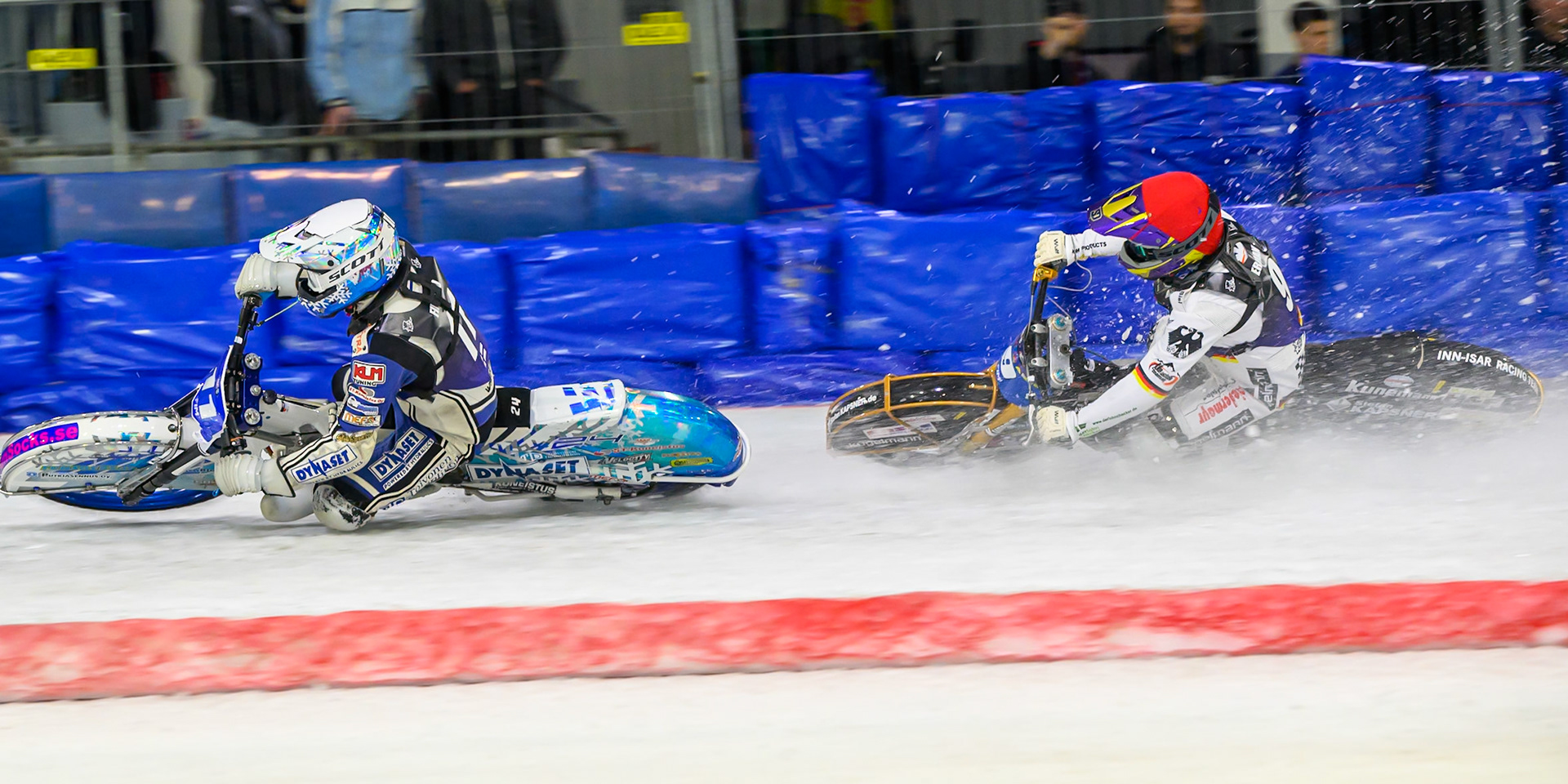 Max Koivula (11) of Finland  in White leading Max Niedermaier (9) of Germany  in Red during the FIM Ice Speedway Of Nations at Ice Rink Thialf, Heerenveen on Sunday 12th April 2026. (Photo: Ian Charles | MI News)