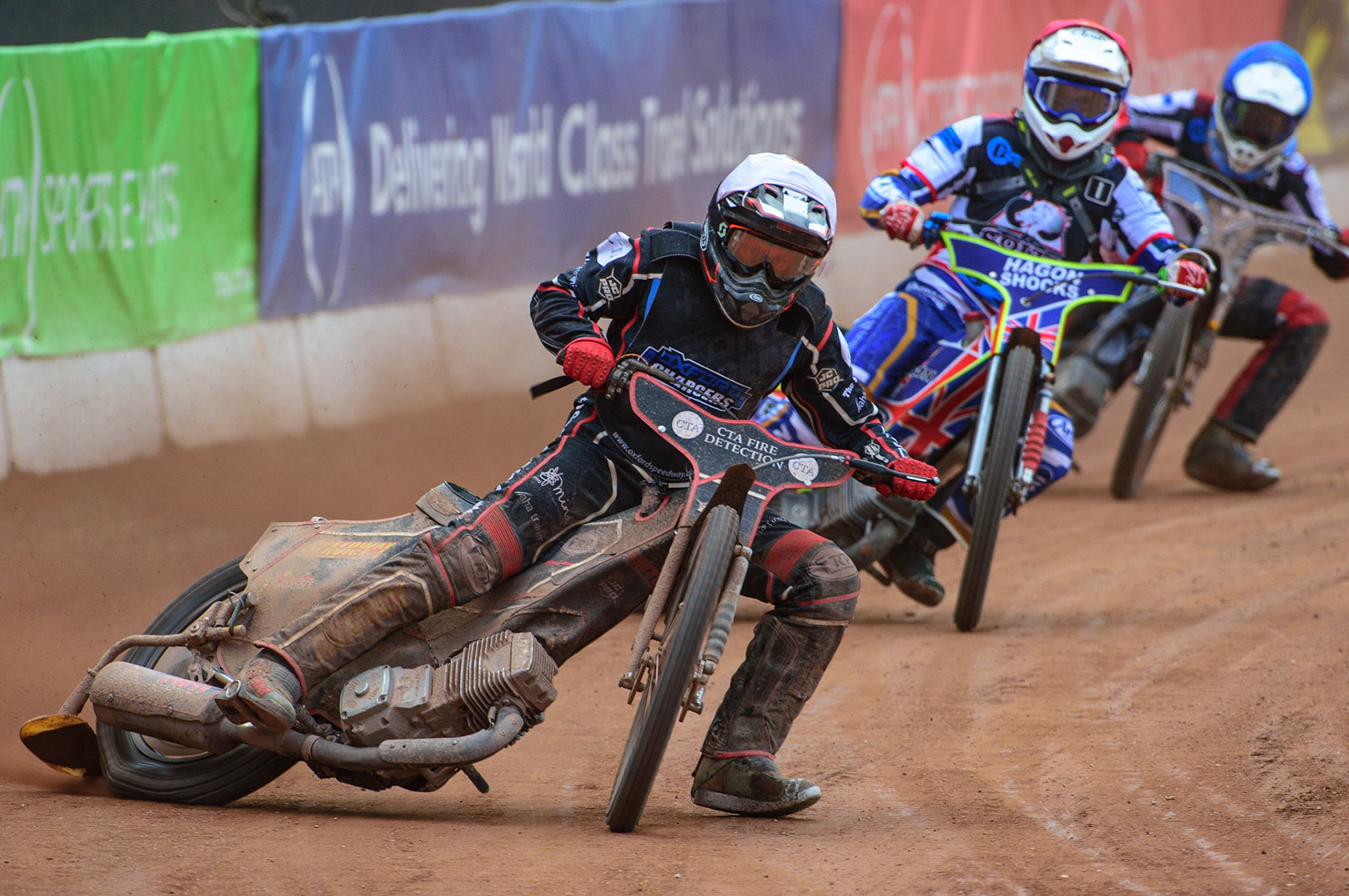 MANCHESTER, UK.  JUN 3RD  Ben Morley (White) leads Jake Mulford   (Red) and Sam McGurk  (Blue) during the National Development League match between Belle Vue Colts and Oxford Chargers at the National Speedway Stadium, Manchester on Friday 3rd June 2022. (Credit: Ian Charles | MI News)