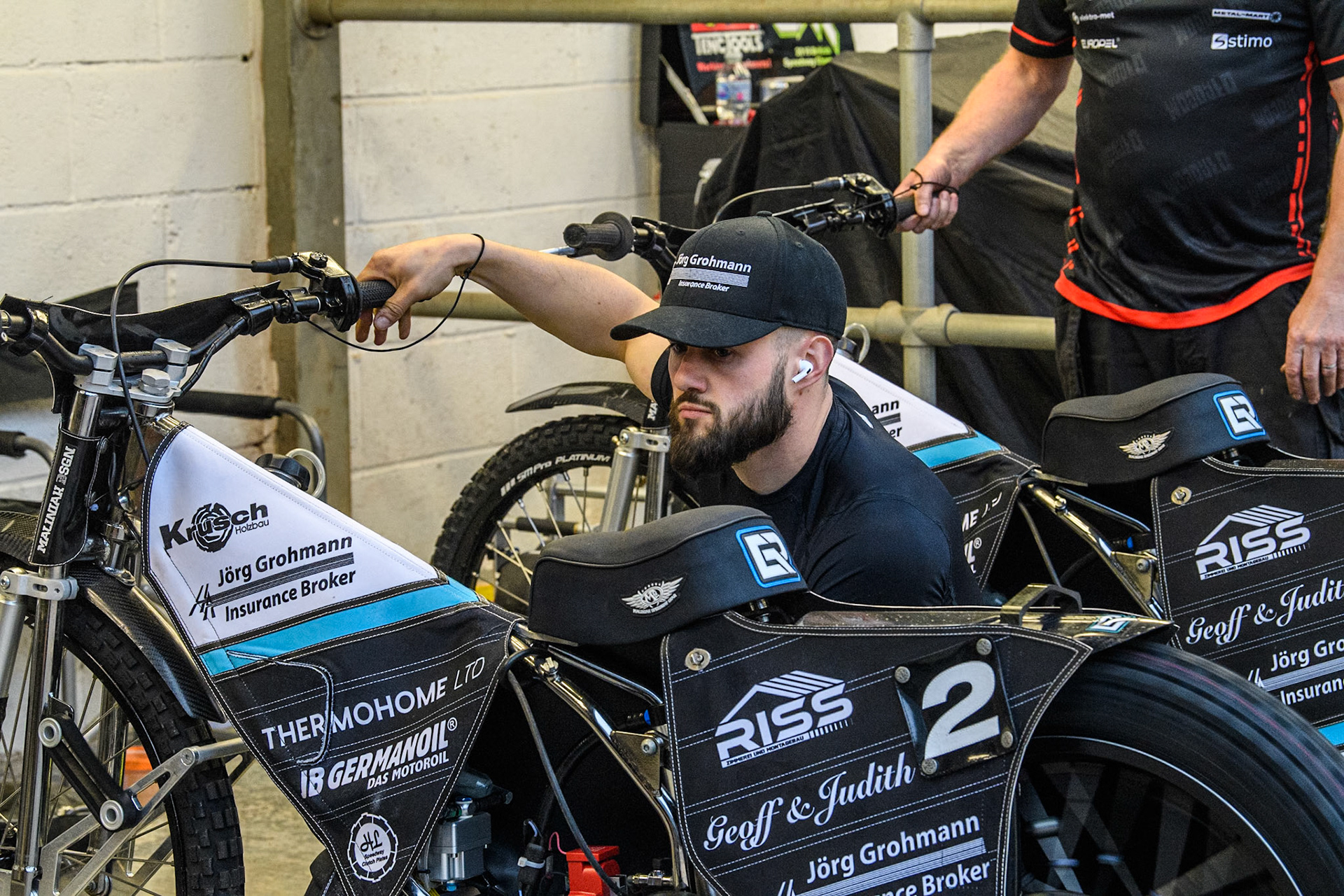 Oxford Spires' Erik Riss works on his bike during the Rowe Motor Oil Premiership match between Belle Vue Aces and Oxford Spires at the National Speedway Stadium, Manchester on Monday 13th May 2024. (Photo: Ian Charles | MI News)