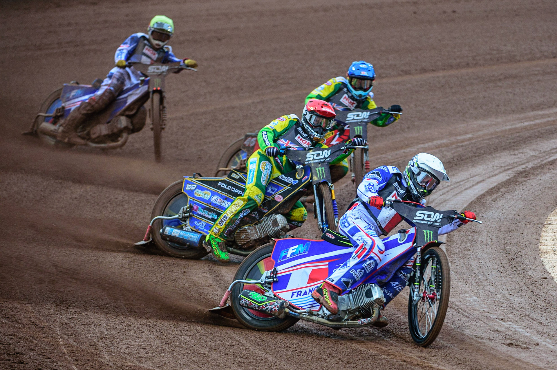 MANCHESTER, UK. OCT 17TH David Bellego of France (White) leads Jason Doyle of Australia (Red), Max Fricke of Australia (Blue) and Dmitri Berge of France (Yellow)during the Monster Energy FIM Speedway of Nations at the National Speedway Stadium, Manchester on Sunday  17th October 2021. (Credit: Ian Charles | MI News)