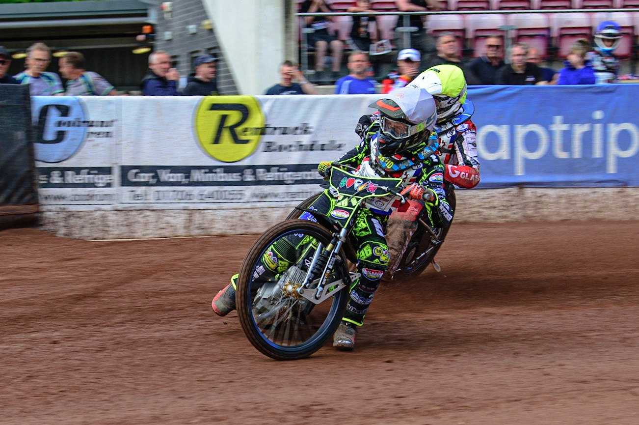 MANCHESTER, UK. JUN 3RD Ace Pijper (696) (White) leads Sam McGurk (116) (Yellow)  during the British Youth Speedway Championship (Round 4)  at the National Speedway Stadium, Manchester on Friday 3rd June 2022. (Credit: Ian Charles | MI News)