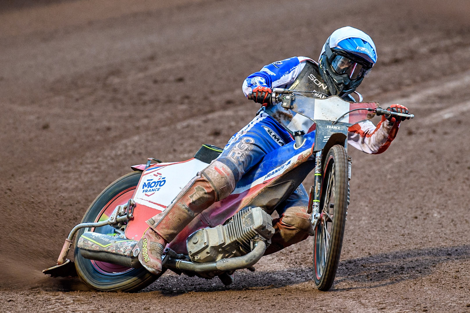 David Bellego of France in action during the Monster Energy FIM Speedway of Nations Semi-Final 1 at the National Speedway Stadium, Manchester on Tuesday 9th July 2024. (Photo: Ian Charles | MI News)