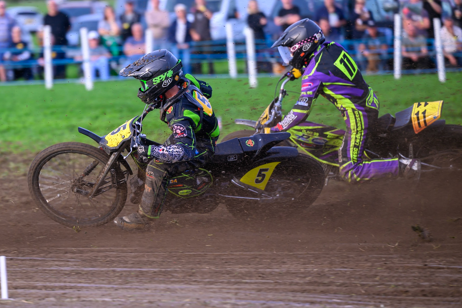 British Masters (Solos): Max Perry (5) on the inside of Paul Cooper (11) during the British Masters Grasstrack Championship at Lower Marsh Farm, Much Hoole, Preston in Lancashire, England on Sunday 13th September 2026. (Photo: Ian Charles | MI News)