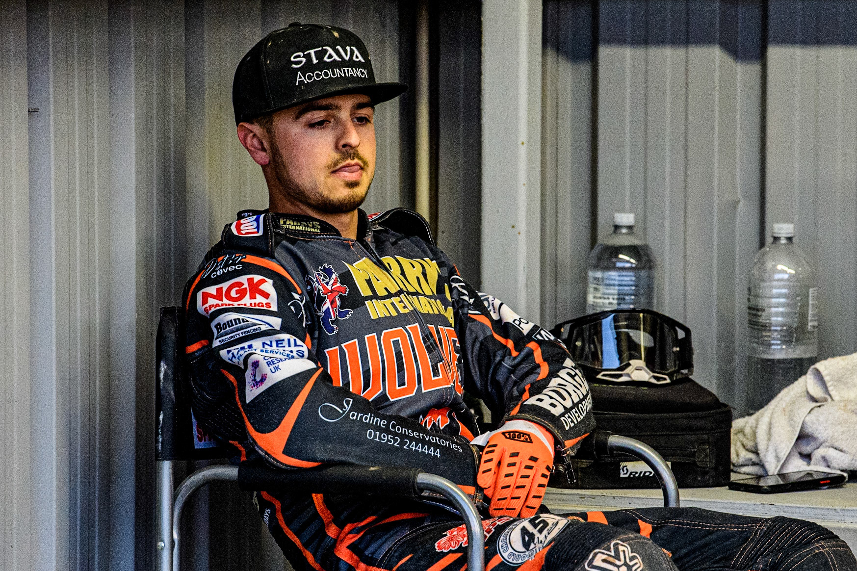 Luke Becker relaxes between heats during the Sports Insure Premiership match between Wolverhampton Wolves and Belle Vue Aces at Monmore Green Stadium, Wolverhampton on Monday 29th May 2023. (Photo: Ian Charles | MI News)
