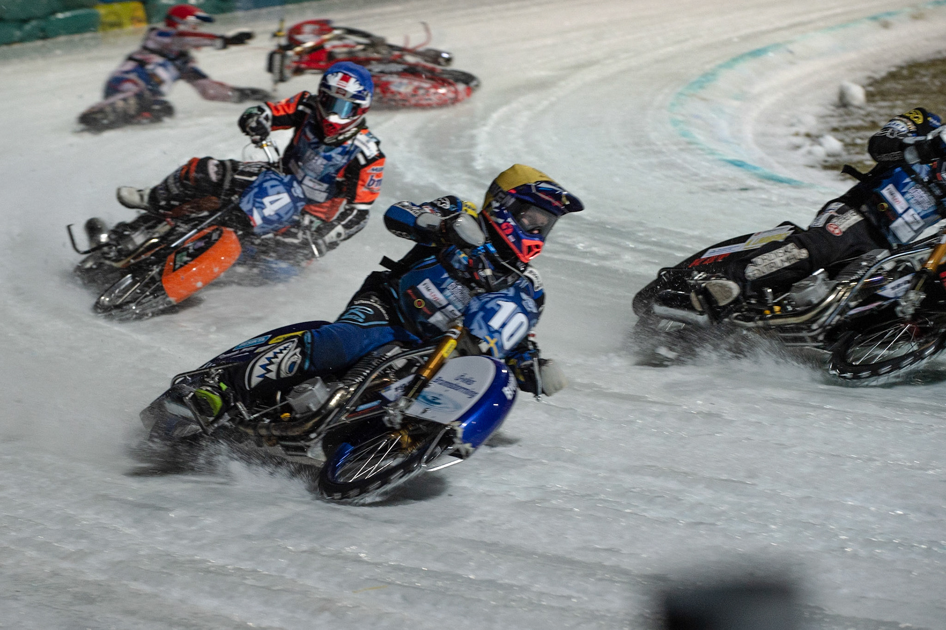 BERLIN GERMANY  - February 29  Martin Haarahiltunen (White) inside team mate Niclas Svensson of Sweden leading Lukas Hutla (Blue) who then loses control as his team mate Jan Klatovsky of The Czech Republic spins off  during theIce Speedway of Nations (Day 1) at the Horst-Dohm-Eisstadion, Berlin,  on Saturday 29 February 2020. (Credit: Ian Charles | MI News)